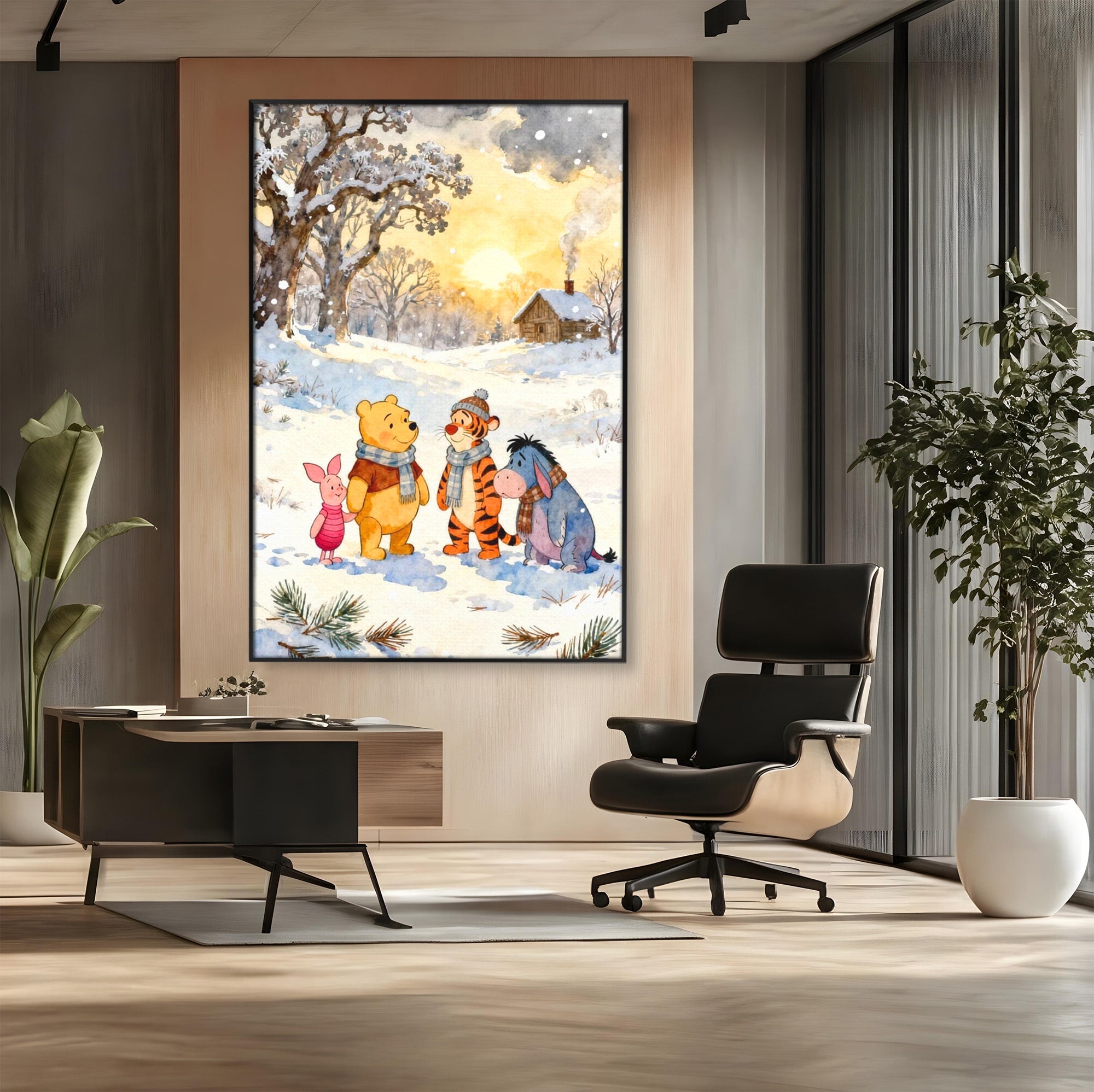 Tablou Canvas Premium LuxCanva® PI1358, Magia Iernii cu Winnie, Padure, Prietenie, Desene Animate, Natura, Copii, Culori Vibrante, Dormitor, Camera Copii