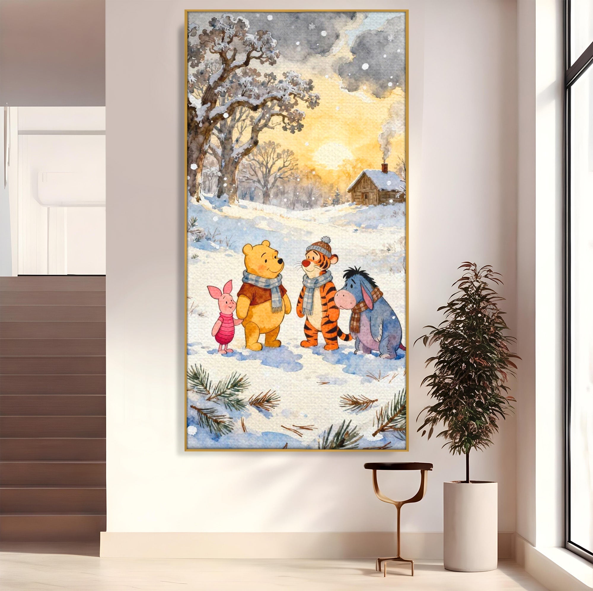 Tablou Canvas Premium LuxCanva® PI1358, Magia Iernii cu Winnie, Padure, Prietenie, Desene Animate, Natura, Copii, Culori Vibrante, Dormitor, Camera Copii