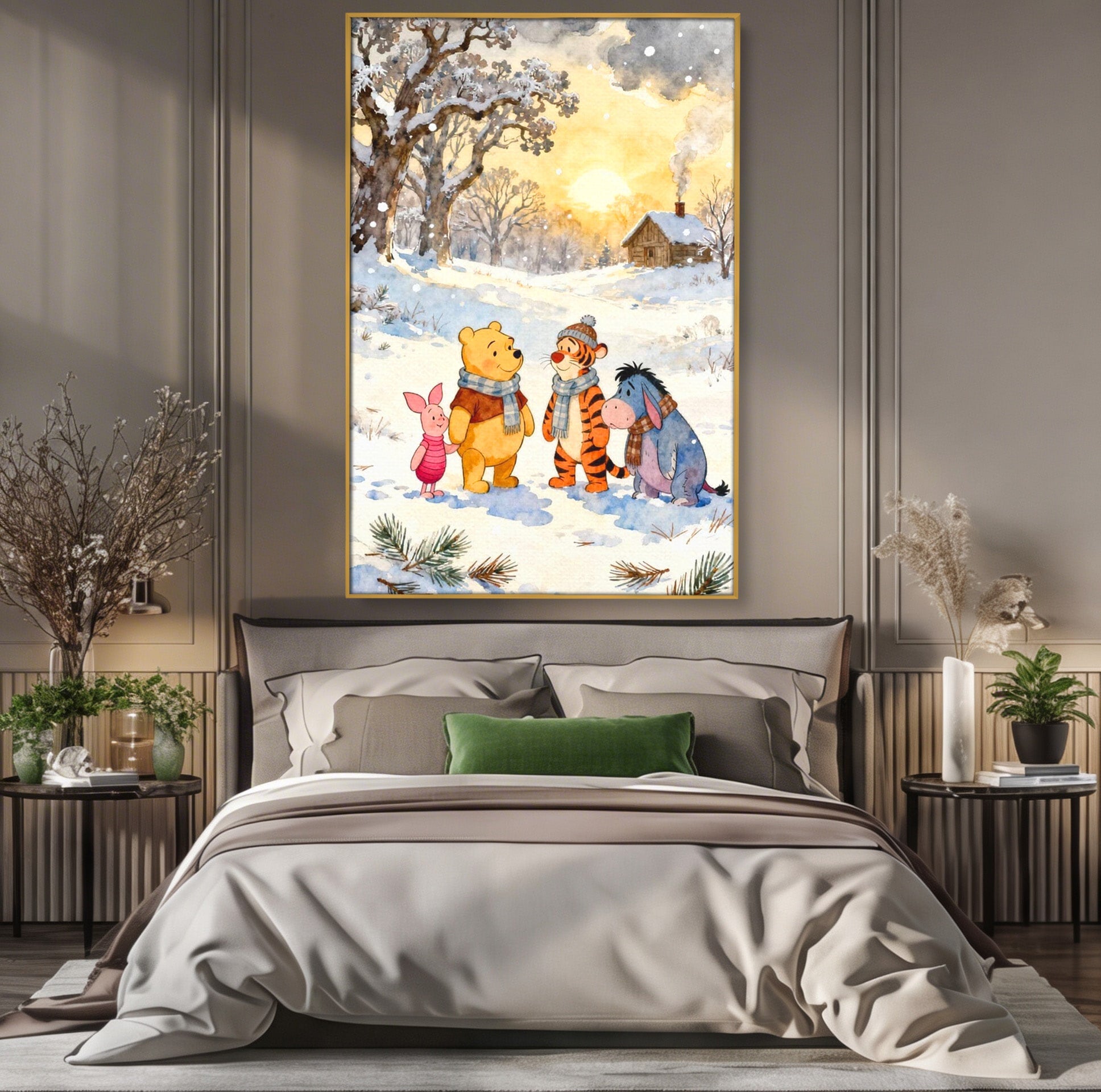 Tablou Canvas Premium LuxCanva® PI1358, Magia Iernii cu Winnie, Padure, Prietenie, Desene Animate, Natura, Copii, Culori Vibrante, Dormitor, Camera Copii