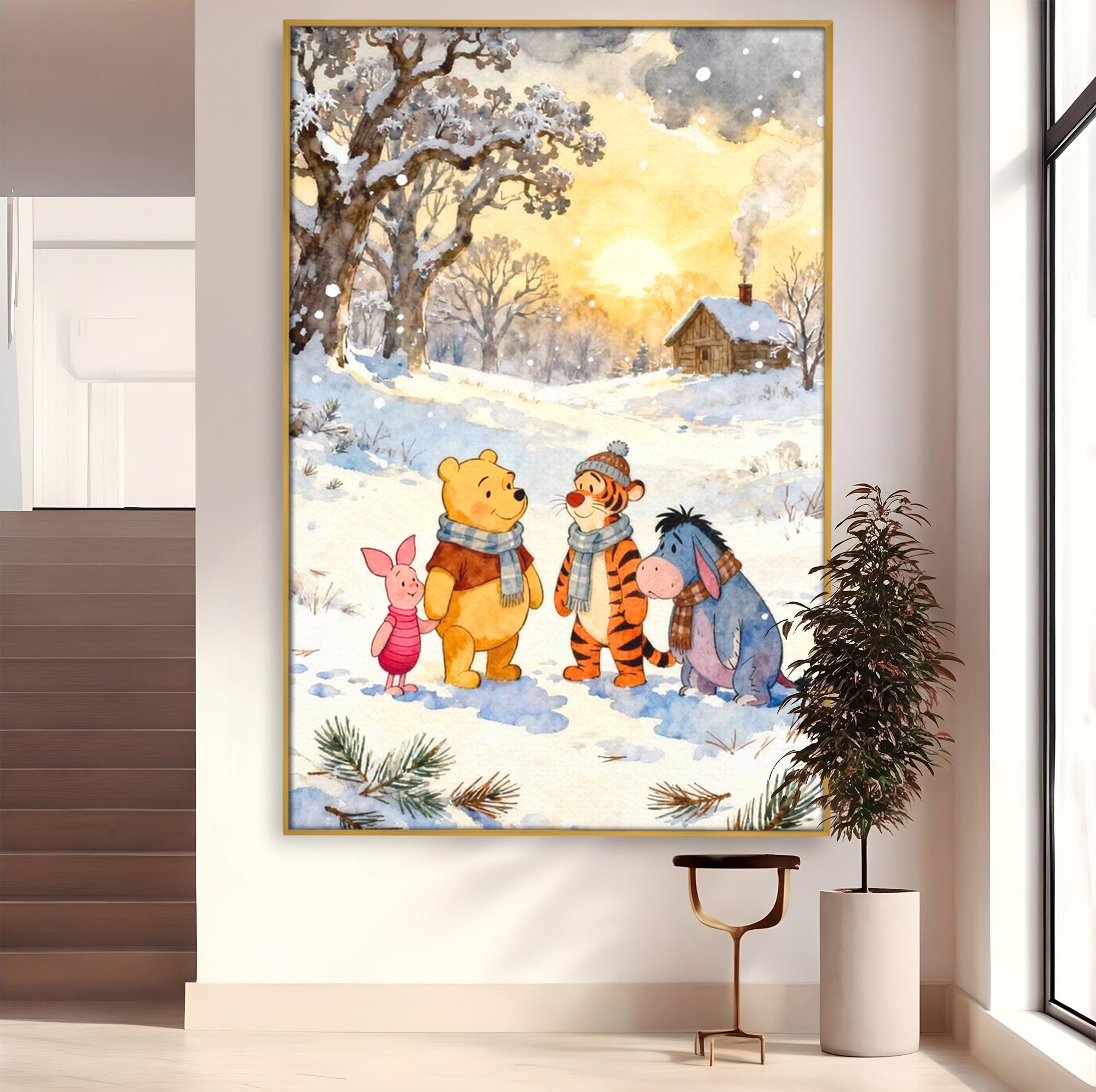 Tablou Canvas Premium LuxCanva® PI1358, Magia Iernii cu Winnie, Padure, Prietenie, Desene Animate, Natura, Copii, Culori Vibrante, Dormitor, Camera Copii