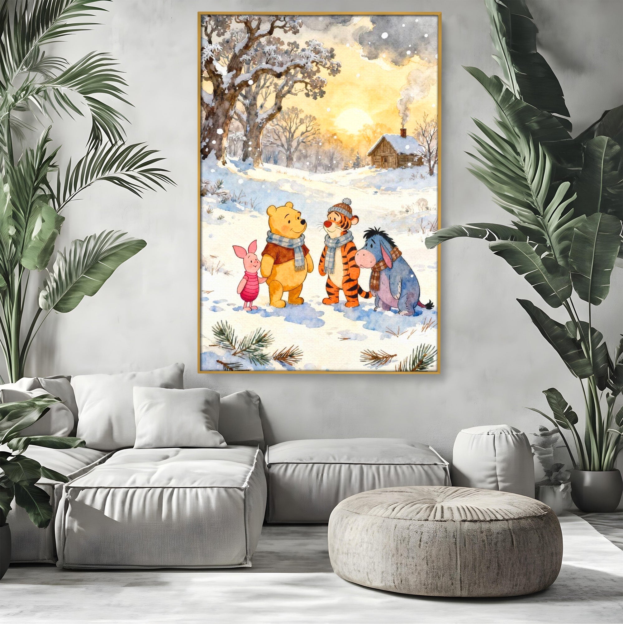 Tablou Canvas Premium LuxCanva® PI1358, Magia Iernii cu Winnie, Padure, Prietenie, Desene Animate, Natura, Copii, Culori Vibrante, Dormitor, Camera Copii