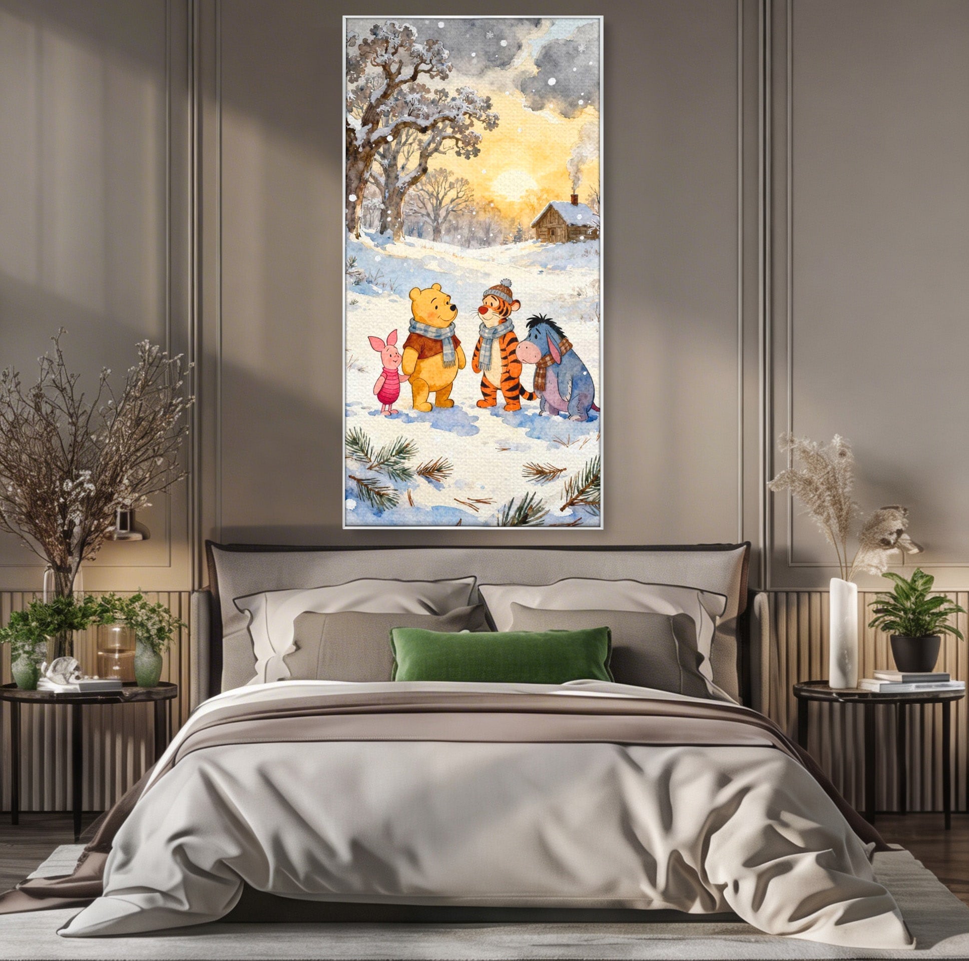 Tablou Canvas Premium LuxCanva® PI1358, Magia Iernii cu Winnie, Padure, Prietenie, Desene Animate, Natura, Copii, Culori Vibrante, Dormitor, Camera Copii