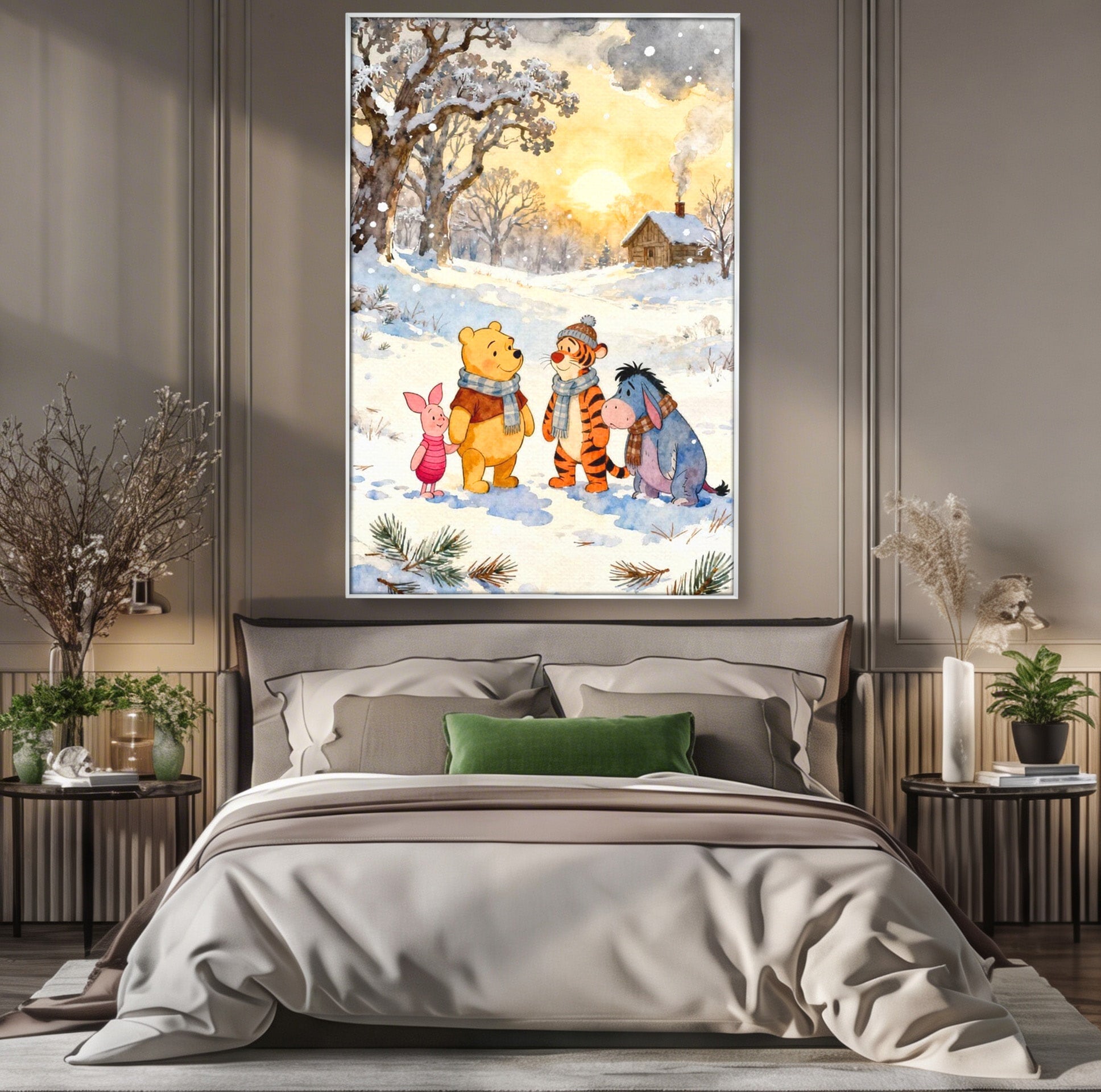 Tablou Canvas Premium LuxCanva® PI1358, Magia Iernii cu Winnie, Padure, Prietenie, Desene Animate, Natura, Copii, Culori Vibrante, Dormitor, Camera Copii