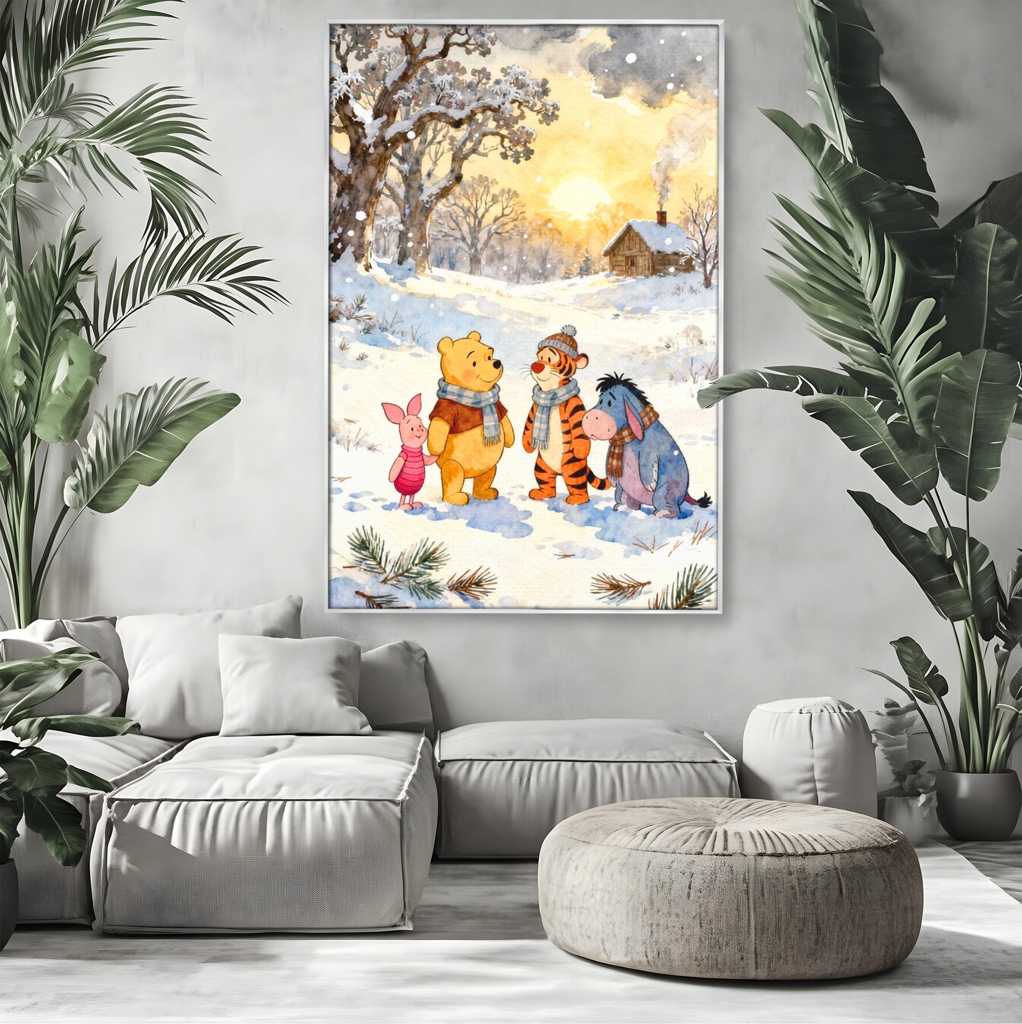 Tablou Canvas Premium LuxCanva® PI1358, Magia Iernii cu Winnie, Padure, Prietenie, Desene Animate, Natura, Copii, Culori Vibrante, Dormitor, Camera Copii