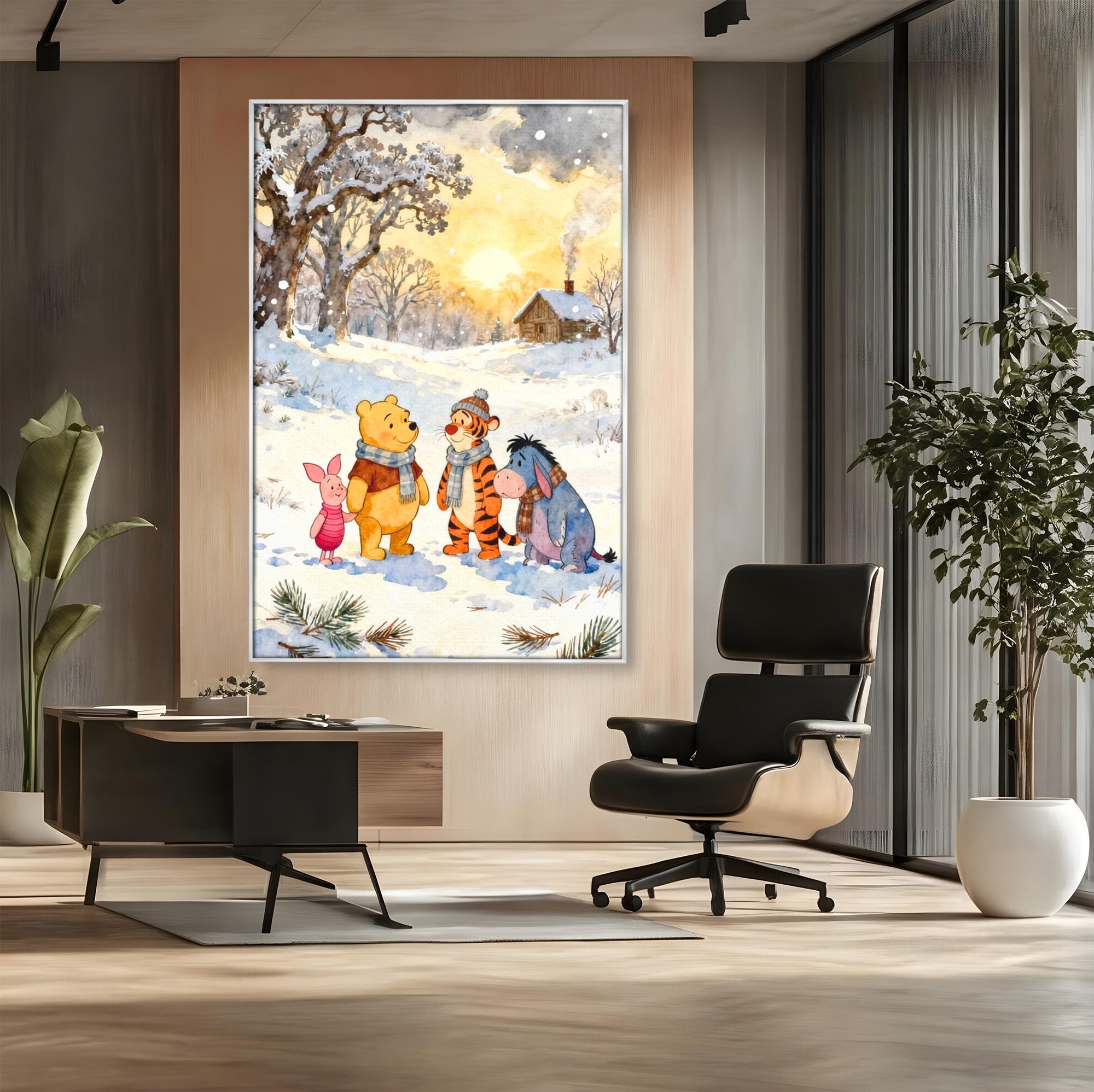 Tablou Canvas Premium LuxCanva® PI1358, Magia Iernii cu Winnie, Padure, Prietenie, Desene Animate, Natura, Copii, Culori Vibrante, Dormitor, Camera Copii