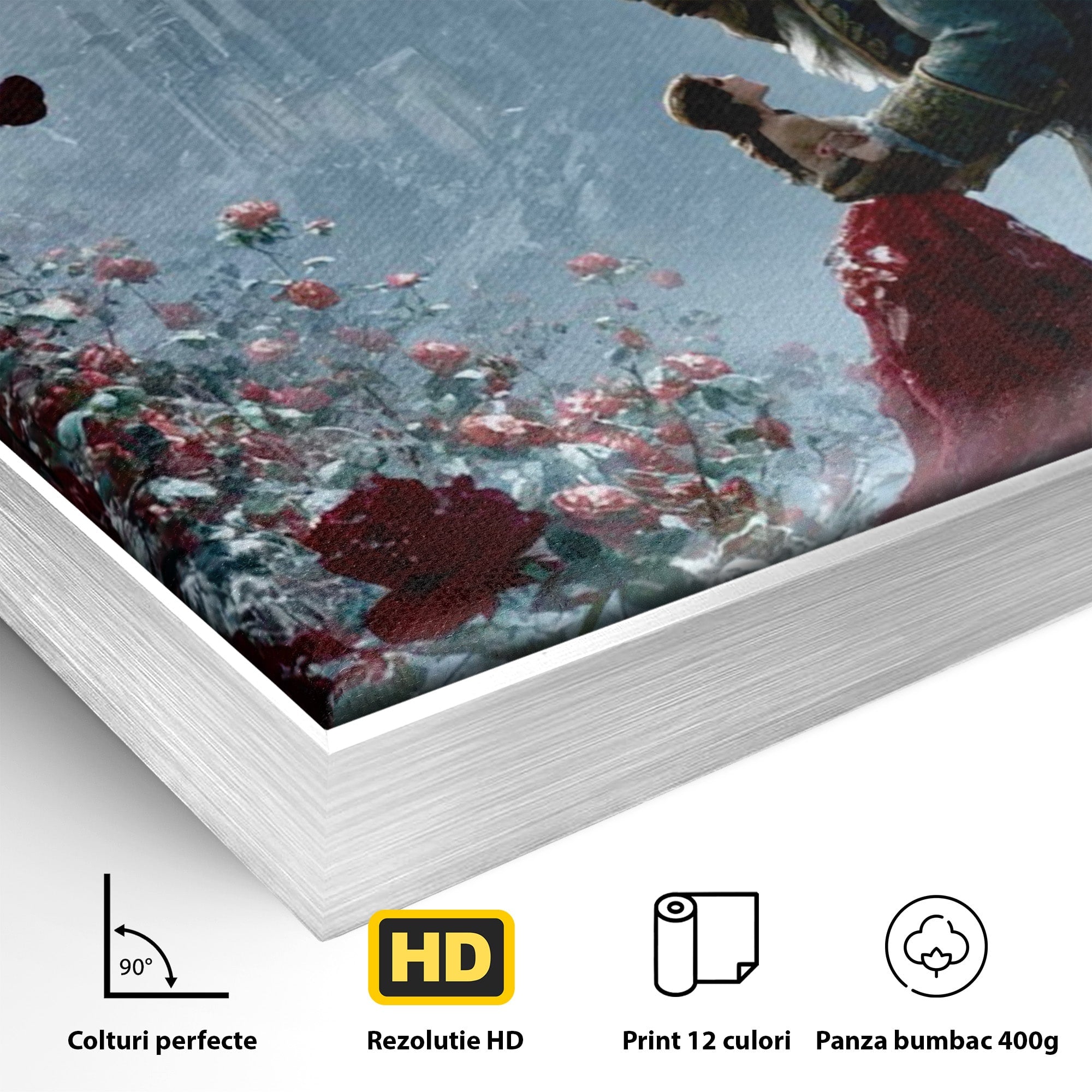 Tablou Canvas Premium LuxCanva® PI1359, Frumoasa Si Bestia, Basme, Iubire, Castel, Dans, Trandafiri, Belle, Culori Vibrante, Living, Dormitor, Camera Copii