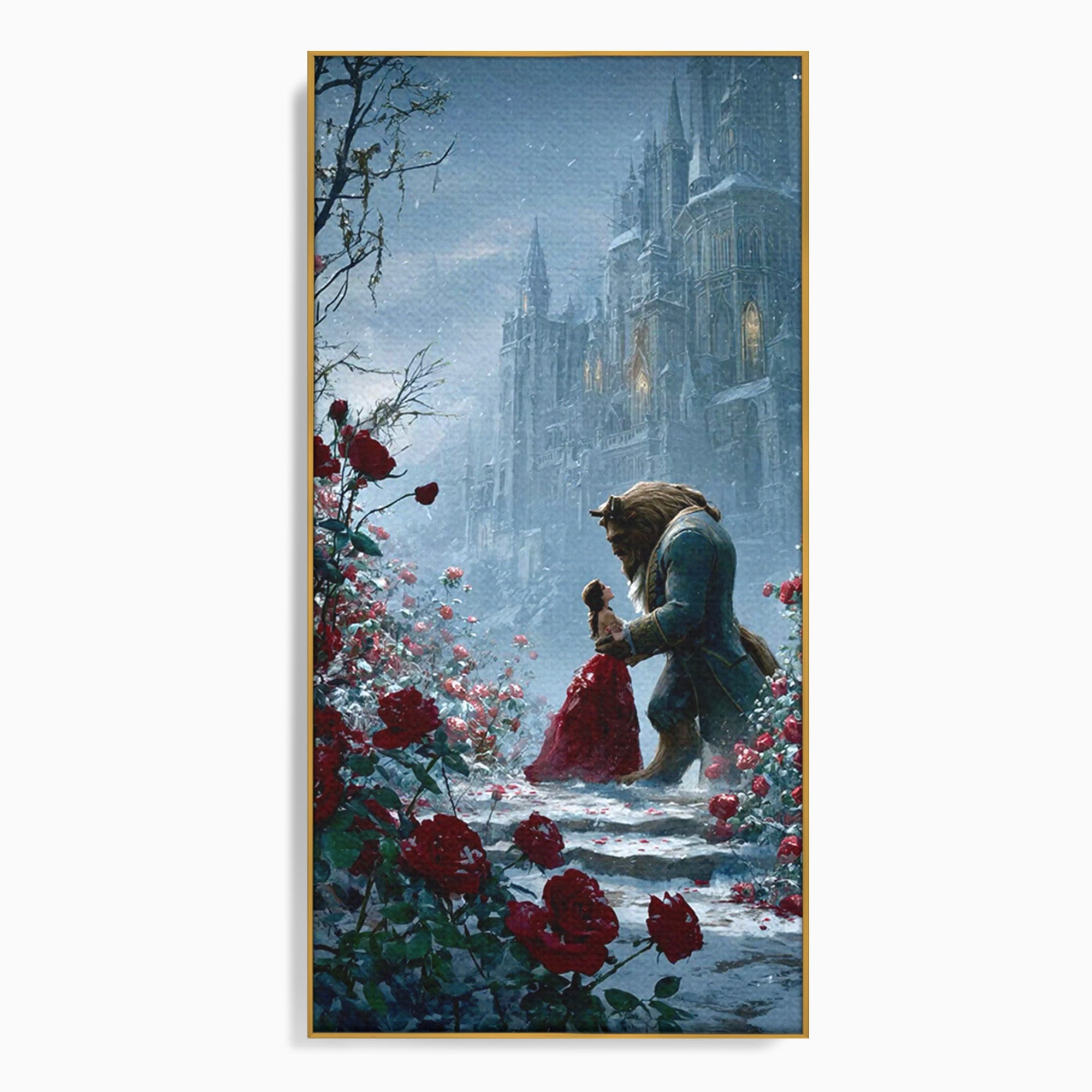 Tablou Canvas Premium LuxCanva® PI1359, Frumoasa Si Bestia, Basme, Iubire, Castel, Dans, Trandafiri, Belle, Culori Vibrante, Living, Dormitor, Camera Copii