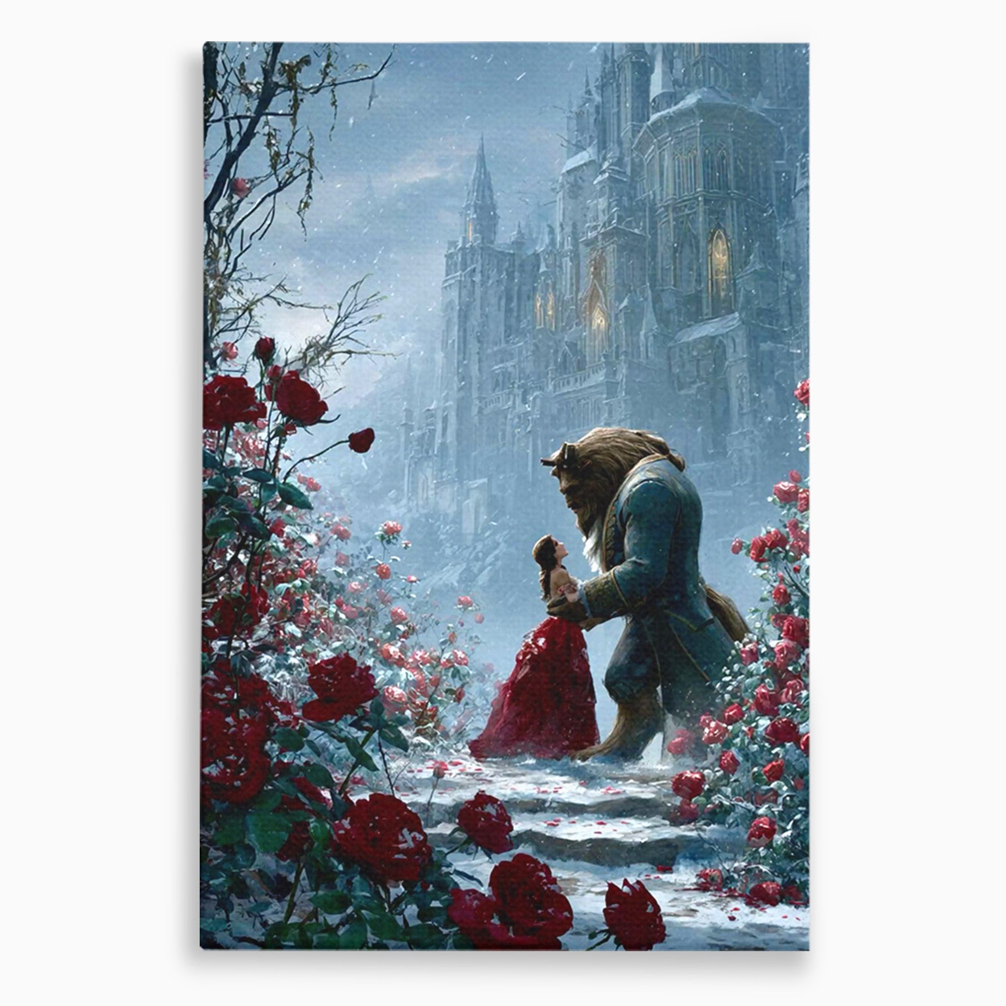 Tablou Canvas Premium LuxCanva® PI1359, Frumoasa Si Bestia, Basme, Iubire, Castel, Dans, Trandafiri, Belle, Culori Vibrante, Living, Dormitor, Camera Copii