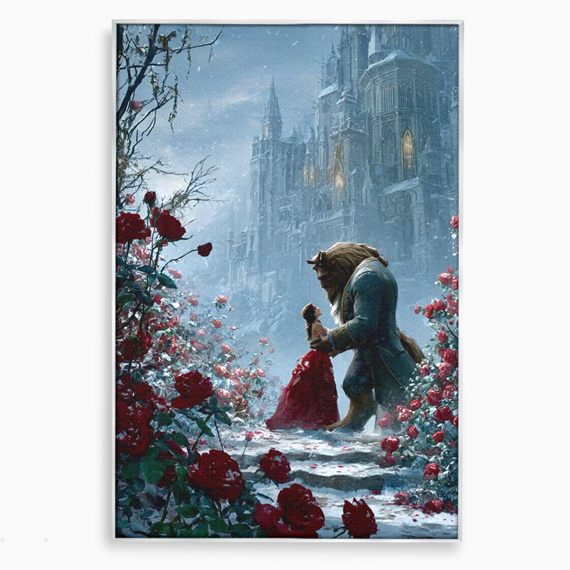 Tablou Canvas Premium LuxCanva® PI1359, Frumoasa Si Bestia, Basme, Iubire, Castel, Dans, Trandafiri, Belle, Culori Vibrante, Living, Dormitor, Camera Copii