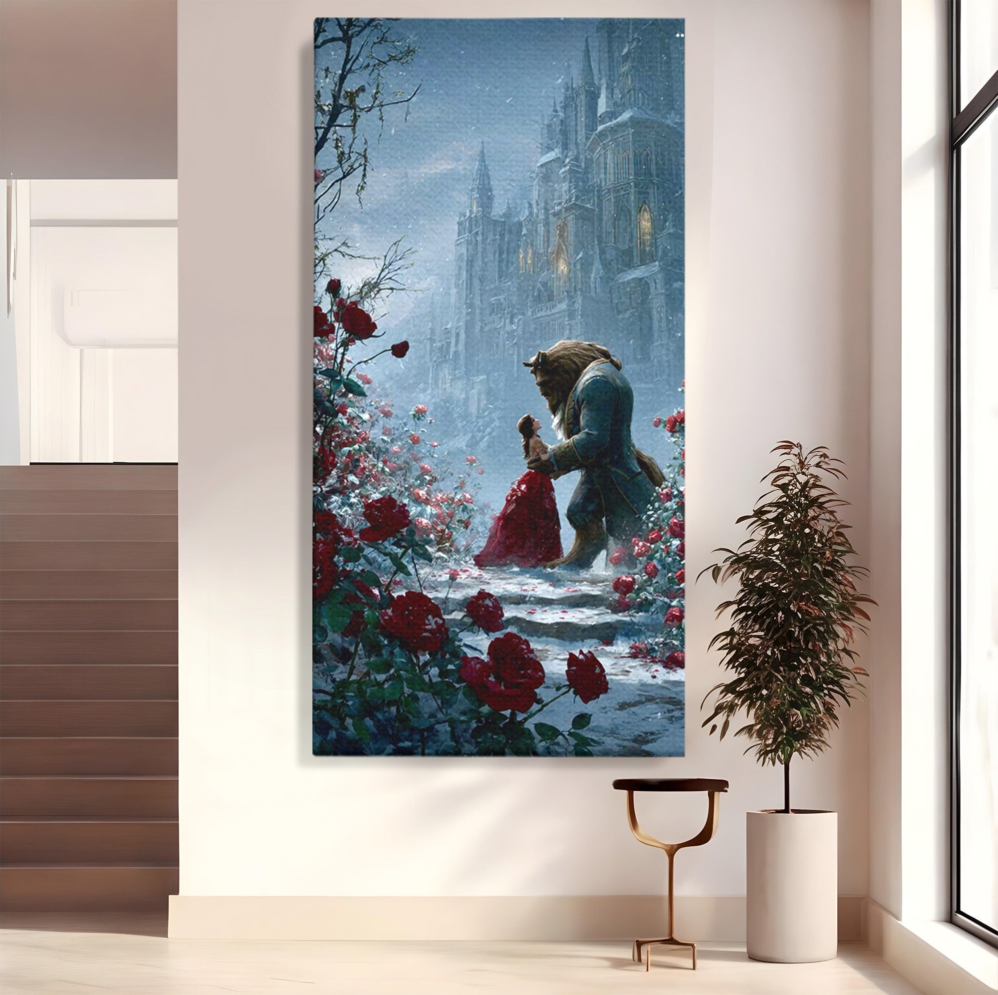 Tablou Canvas Premium LuxCanva® PI1359, Frumoasa Si Bestia, Basme, Iubire, Castel, Dans, Trandafiri, Belle, Culori Vibrante, Living, Dormitor, Camera Copii