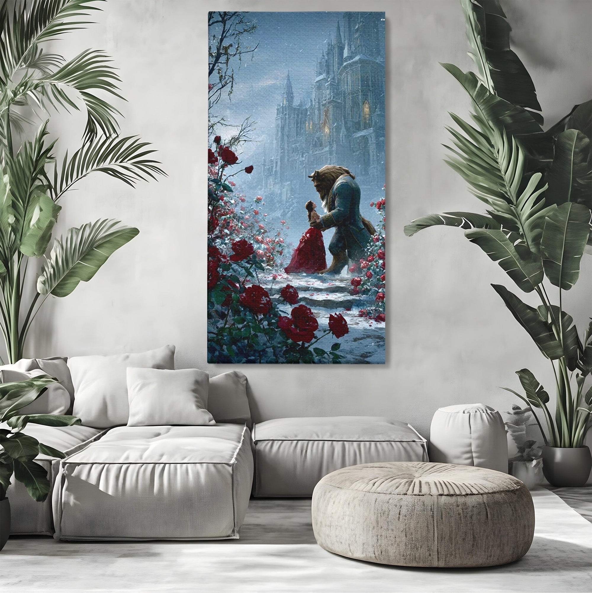 Tablou Canvas Premium LuxCanva® PI1359, Frumoasa Si Bestia, Basme, Iubire, Castel, Dans, Trandafiri, Belle, Culori Vibrante, Living, Dormitor, Camera Copii