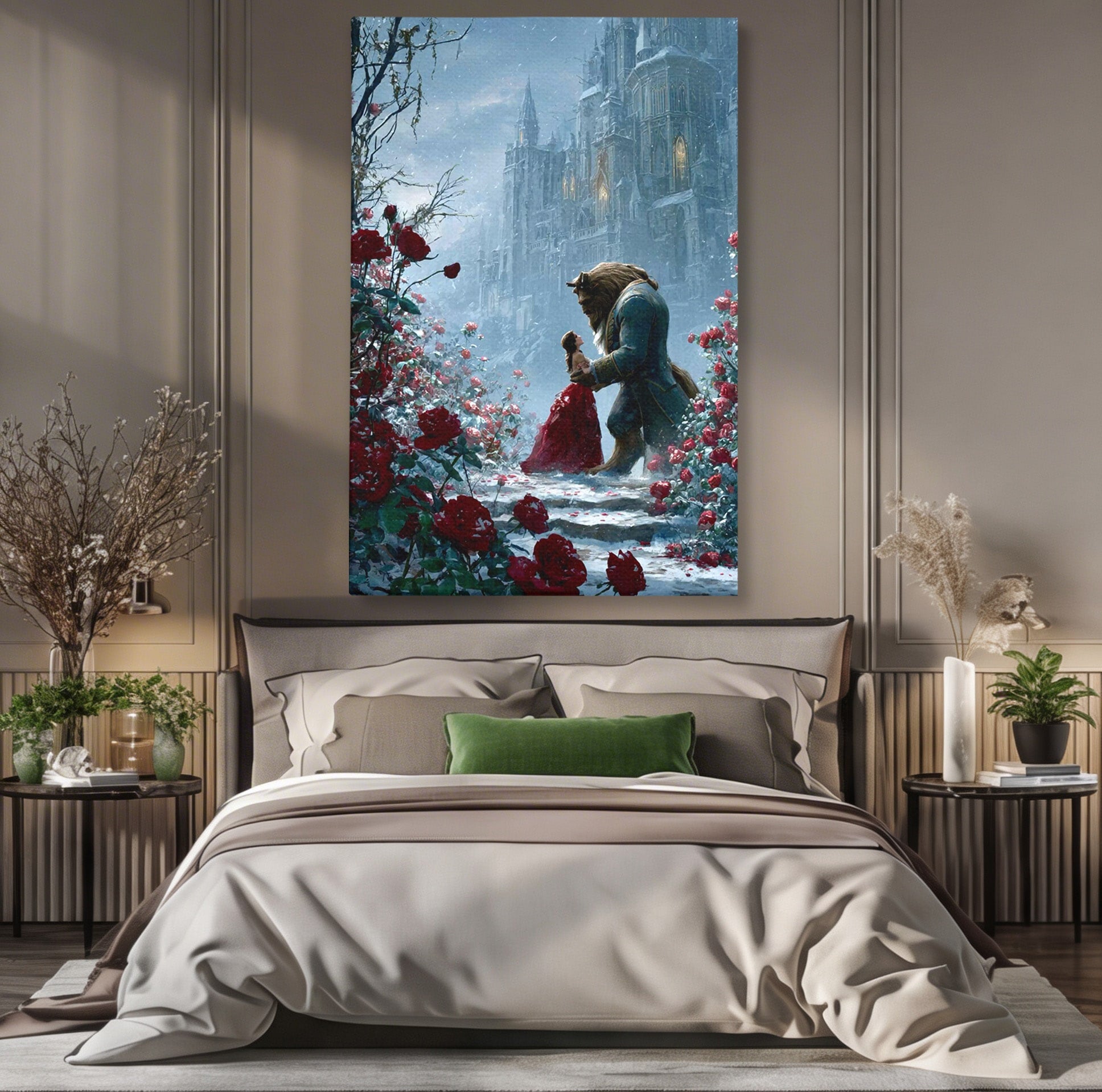 Tablou Canvas Premium LuxCanva® PI1359, Frumoasa Si Bestia, Basme, Iubire, Castel, Dans, Trandafiri, Belle, Culori Vibrante, Living, Dormitor, Camera Copii