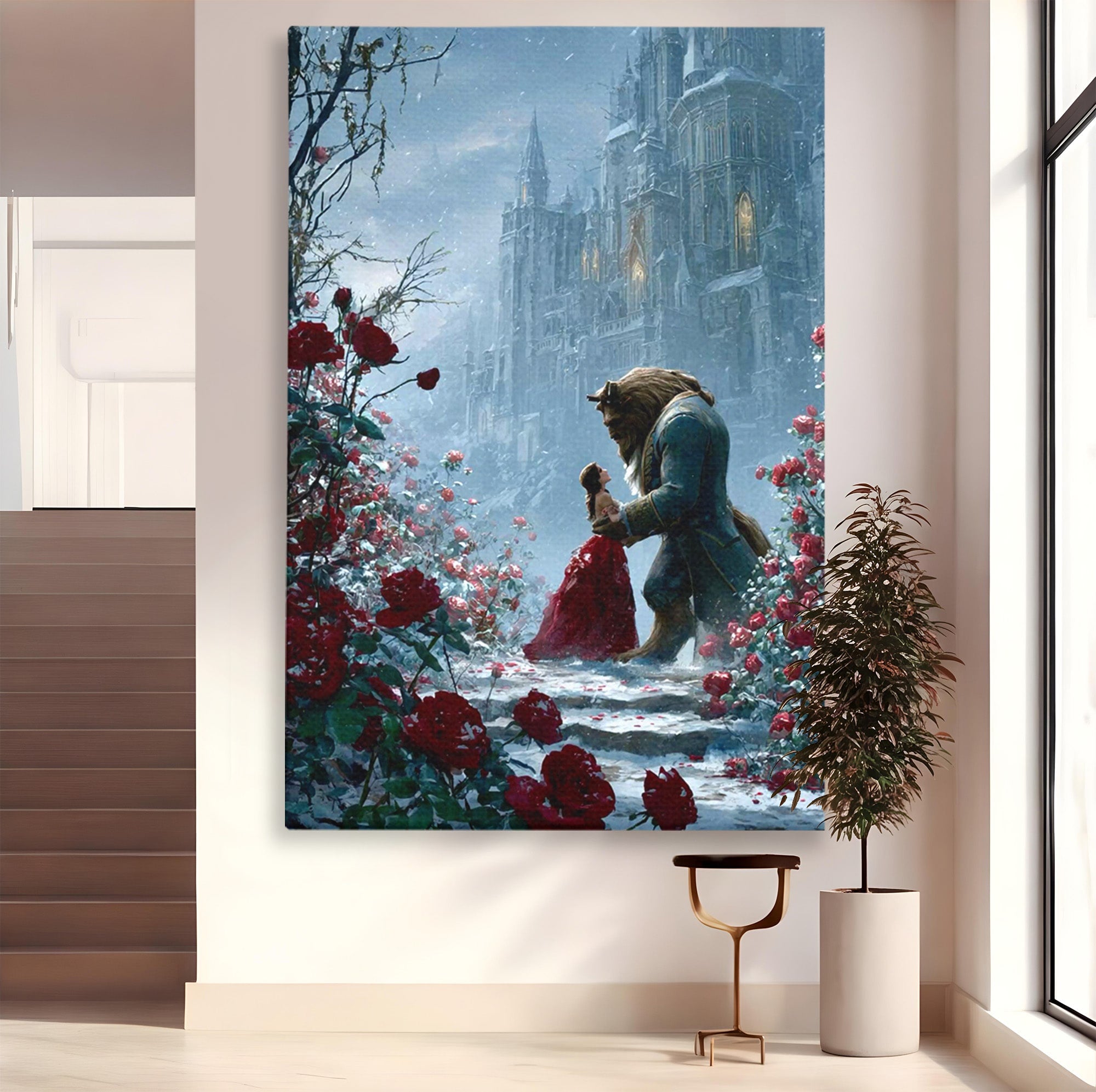 Tablou Canvas Premium LuxCanva® PI1359, Frumoasa Si Bestia, Basme, Iubire, Castel, Dans, Trandafiri, Belle, Culori Vibrante, Living, Dormitor, Camera Copii
