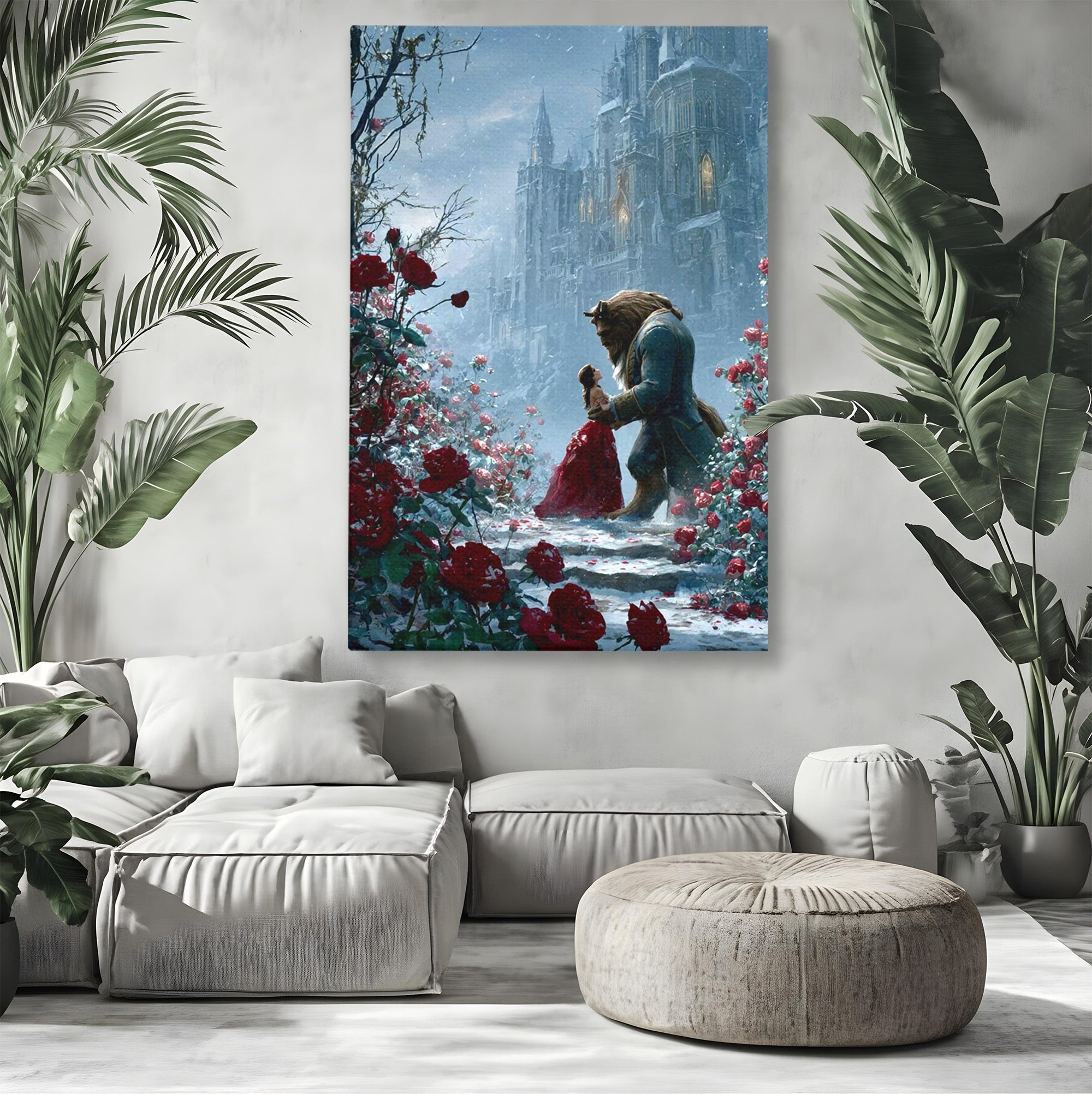 Tablou Canvas Premium LuxCanva® PI1359, Frumoasa Si Bestia, Basme, Iubire, Castel, Dans, Trandafiri, Belle, Culori Vibrante, Living, Dormitor, Camera Copii