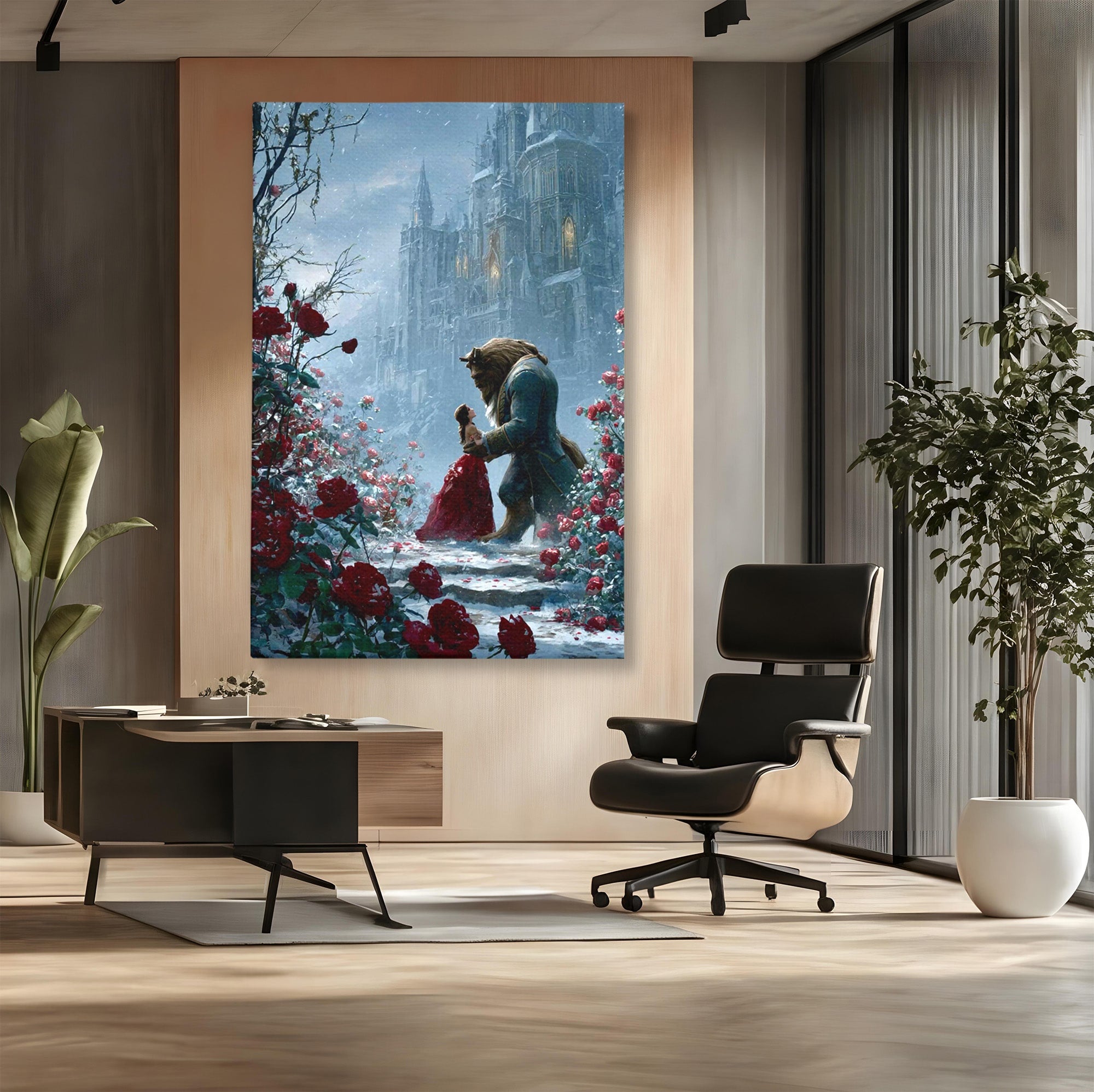 Tablou Canvas Premium LuxCanva® PI1359, Frumoasa Si Bestia, Basme, Iubire, Castel, Dans, Trandafiri, Belle, Culori Vibrante, Living, Dormitor, Camera Copii