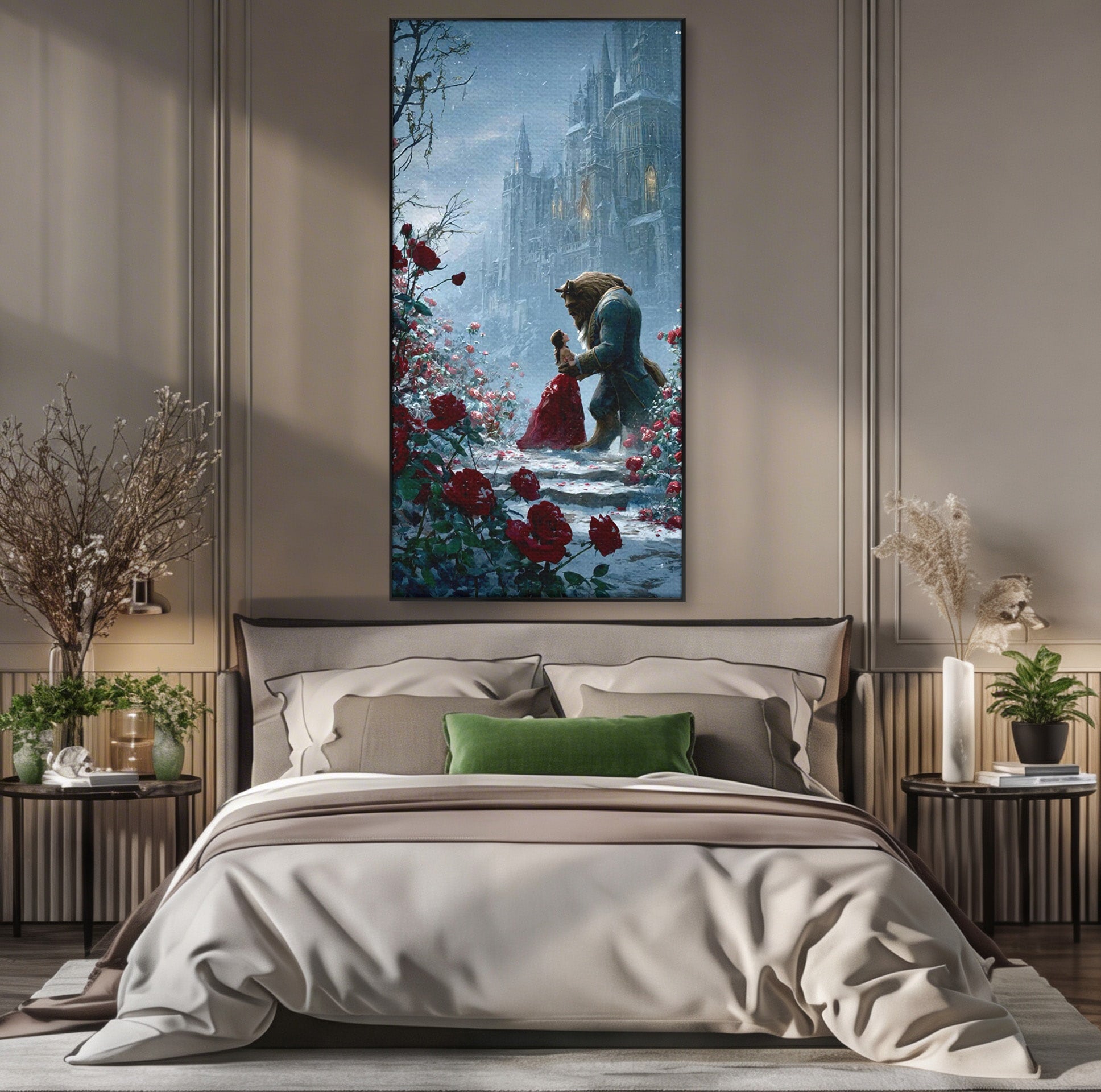 Tablou Canvas Premium LuxCanva® PI1359, Frumoasa Si Bestia, Basme, Iubire, Castel, Dans, Trandafiri, Belle, Culori Vibrante, Living, Dormitor, Camera Copii