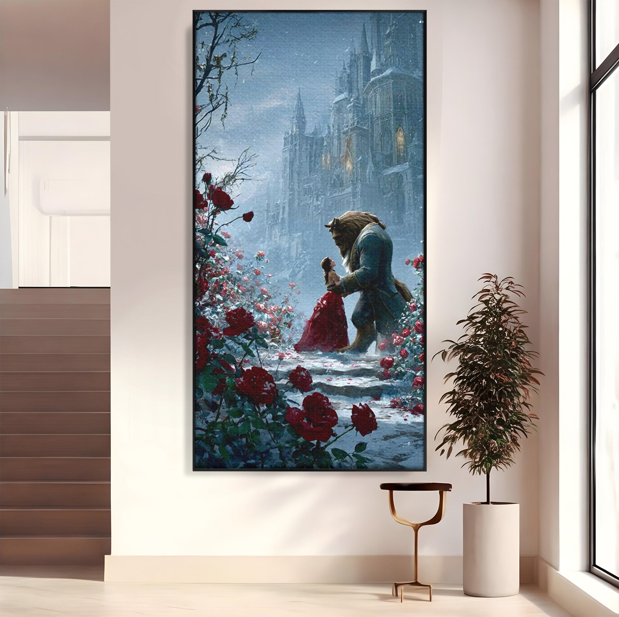 Tablou Canvas Premium LuxCanva® PI1359, Frumoasa Si Bestia, Basme, Iubire, Castel, Dans, Trandafiri, Belle, Culori Vibrante, Living, Dormitor, Camera Copii