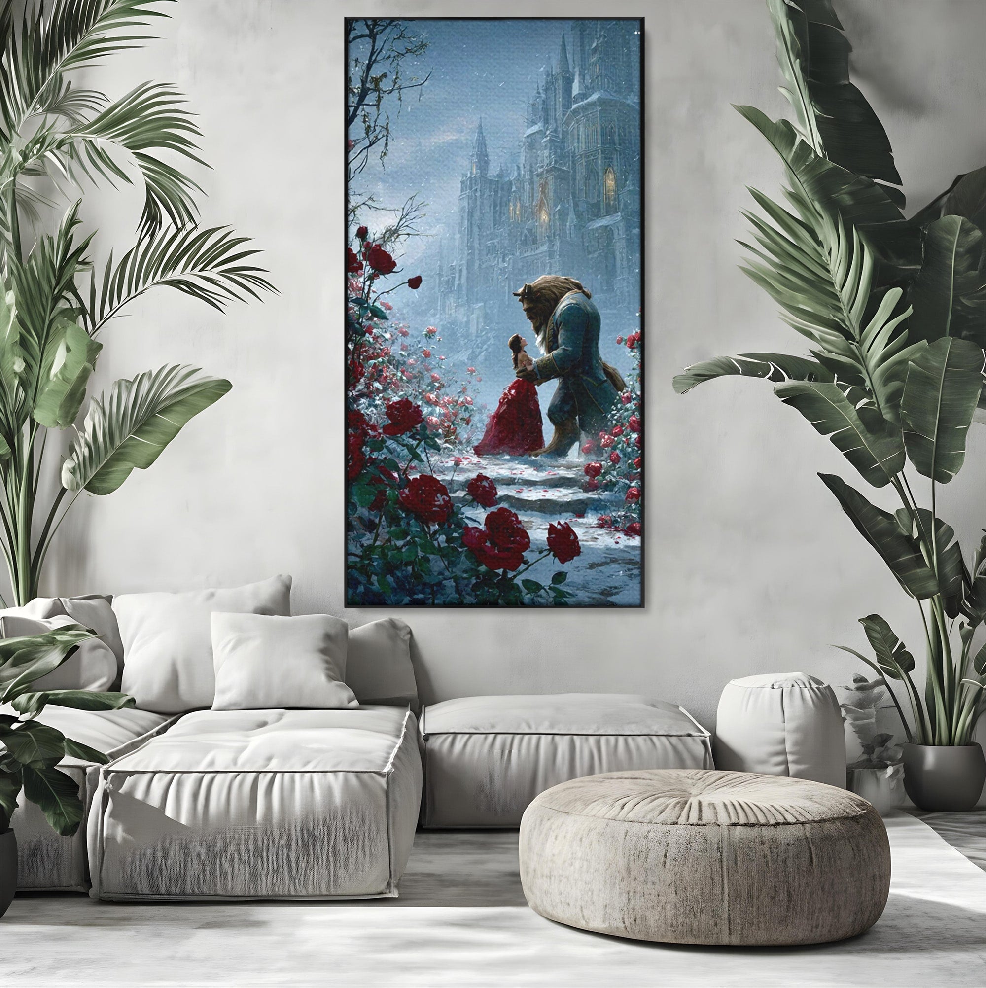 Tablou Canvas Premium LuxCanva® PI1359, Frumoasa Si Bestia, Basme, Iubire, Castel, Dans, Trandafiri, Belle, Culori Vibrante, Living, Dormitor, Camera Copii