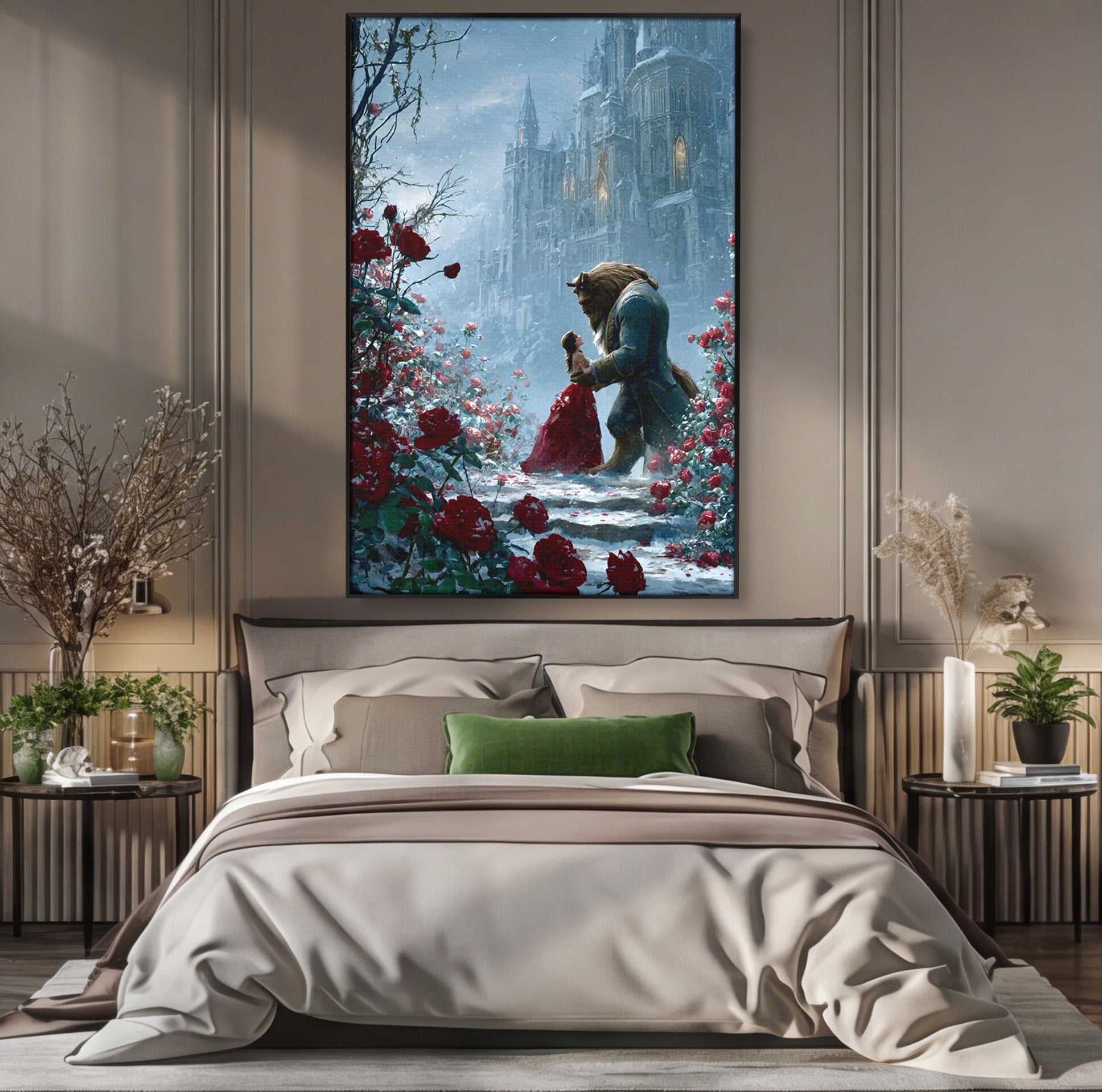 Tablou Canvas Premium LuxCanva® PI1359, Frumoasa Si Bestia, Basme, Iubire, Castel, Dans, Trandafiri, Belle, Culori Vibrante, Living, Dormitor, Camera Copii