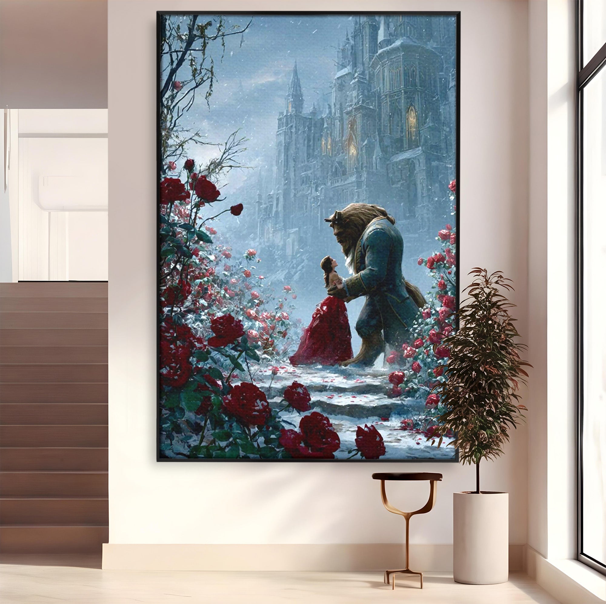 Tablou Canvas Premium LuxCanva® PI1359, Frumoasa Si Bestia, Basme, Iubire, Castel, Dans, Trandafiri, Belle, Culori Vibrante, Living, Dormitor, Camera Copii