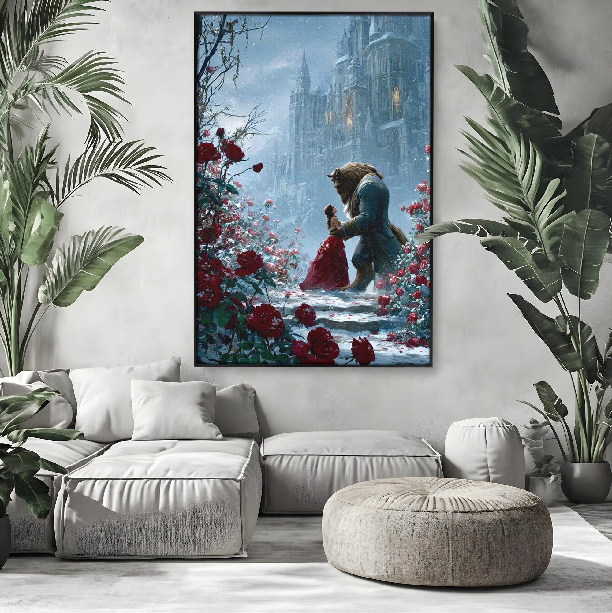 Tablou Canvas Premium LuxCanva® PI1359, Frumoasa Si Bestia, Basme, Iubire, Castel, Dans, Trandafiri, Belle, Culori Vibrante, Living, Dormitor, Camera Copii