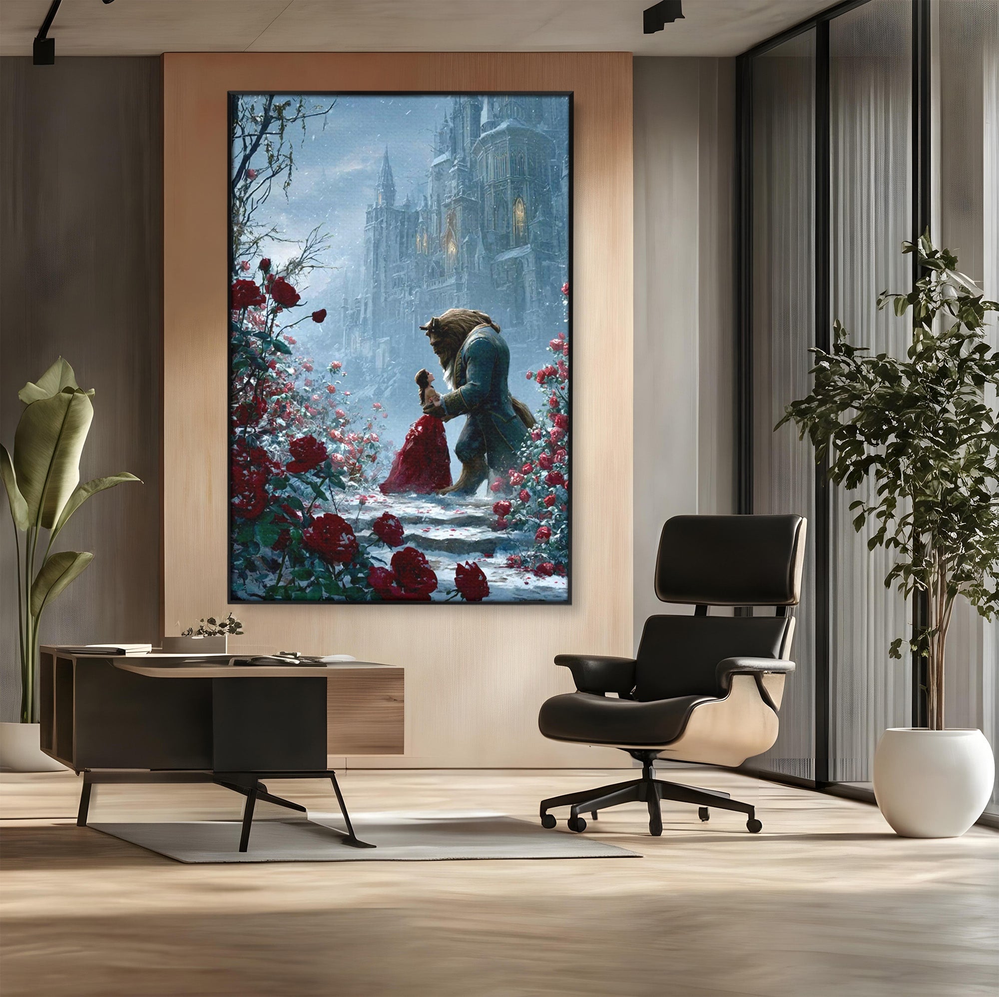 Tablou Canvas Premium LuxCanva® PI1359, Frumoasa Si Bestia, Basme, Iubire, Castel, Dans, Trandafiri, Belle, Culori Vibrante, Living, Dormitor, Camera Copii