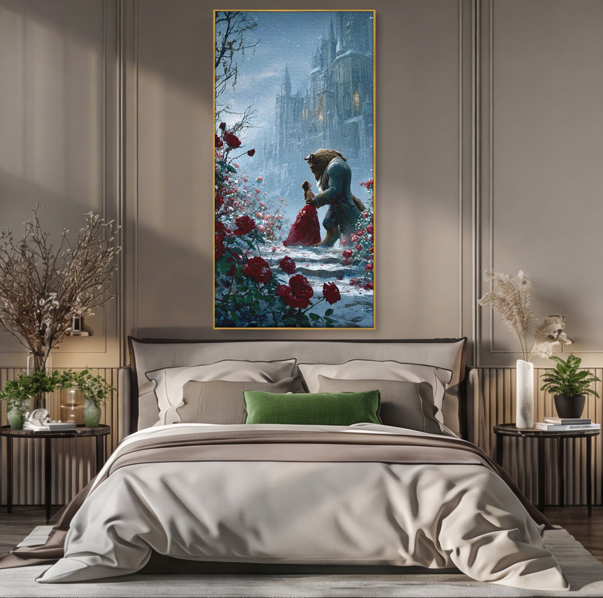 Tablou Canvas Premium LuxCanva® PI1359, Frumoasa Si Bestia, Basme, Iubire, Castel, Dans, Trandafiri, Belle, Culori Vibrante, Living, Dormitor, Camera Copii