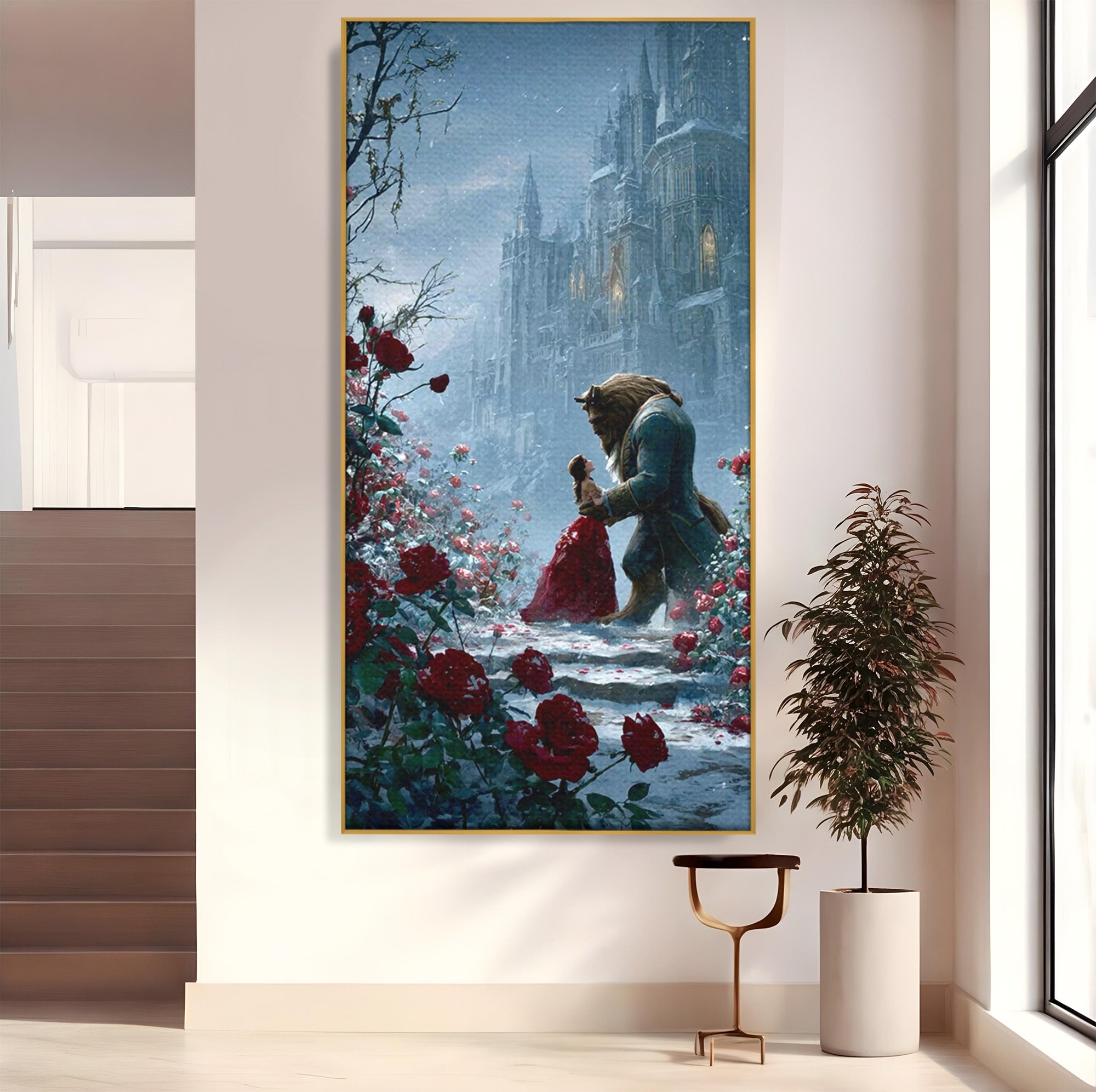 Tablou Canvas Premium LuxCanva® PI1359, Frumoasa Si Bestia, Basme, Iubire, Castel, Dans, Trandafiri, Belle, Culori Vibrante, Living, Dormitor, Camera Copii