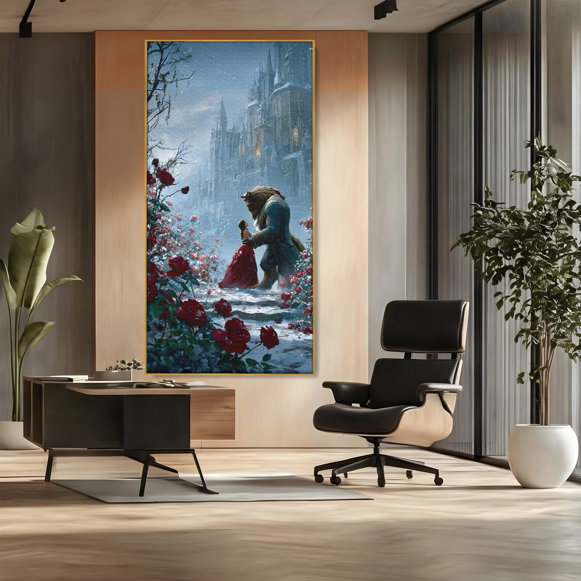 Tablou Canvas Premium LuxCanva® PI1359, Frumoasa Si Bestia, Basme, Iubire, Castel, Dans, Trandafiri, Belle, Culori Vibrante, Living, Dormitor, Camera Copii