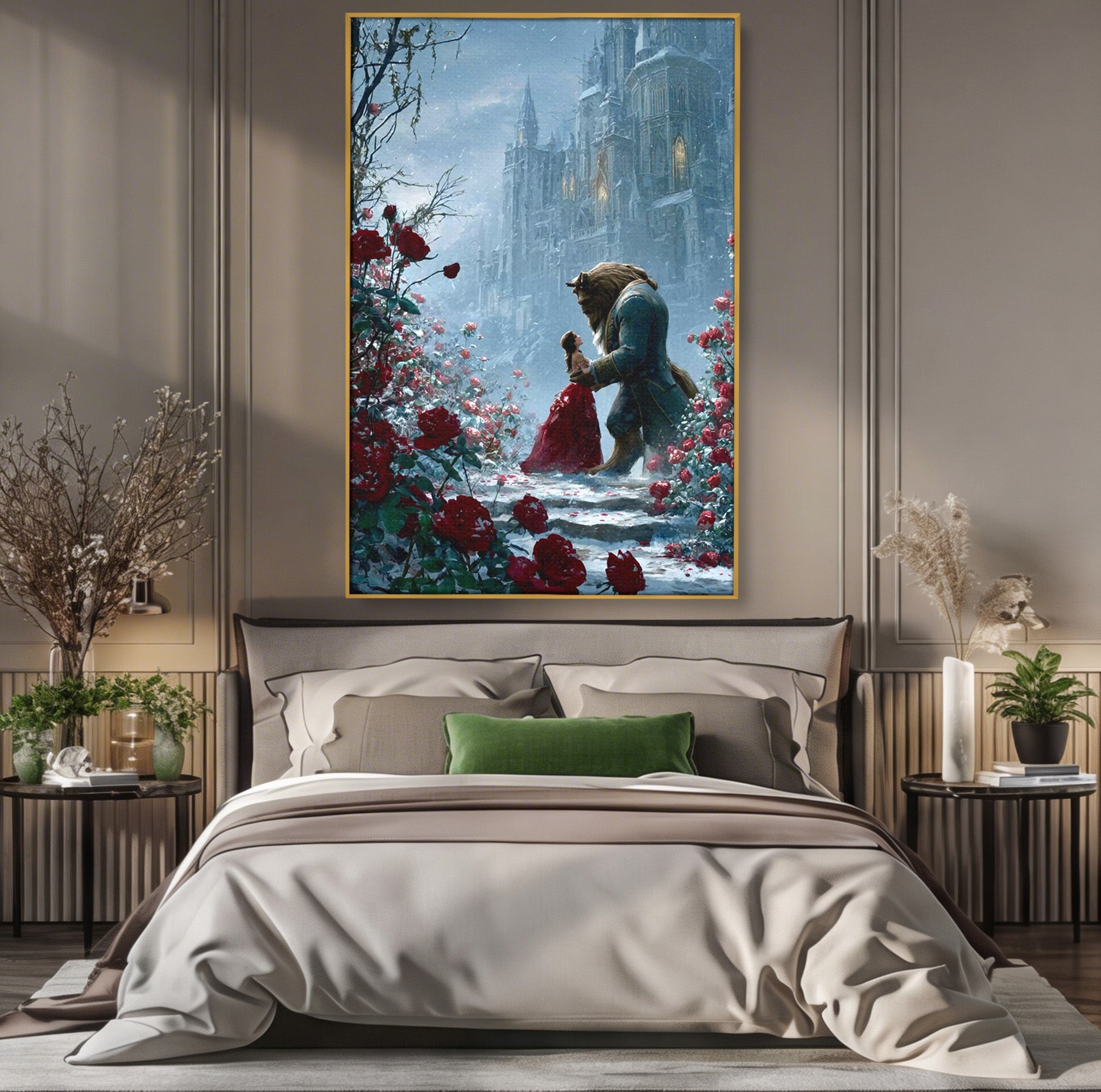 Tablou Canvas Premium LuxCanva® PI1359, Frumoasa Si Bestia, Basme, Iubire, Castel, Dans, Trandafiri, Belle, Culori Vibrante, Living, Dormitor, Camera Copii