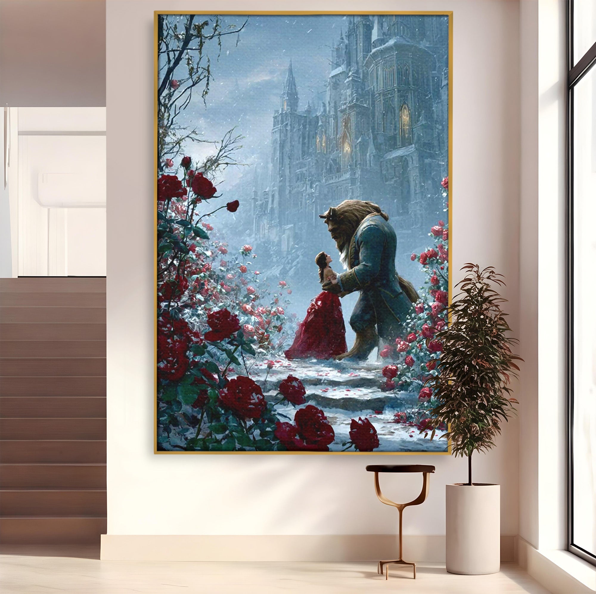 Tablou Canvas Premium LuxCanva® PI1359, Frumoasa Si Bestia, Basme, Iubire, Castel, Dans, Trandafiri, Belle, Culori Vibrante, Living, Dormitor, Camera Copii