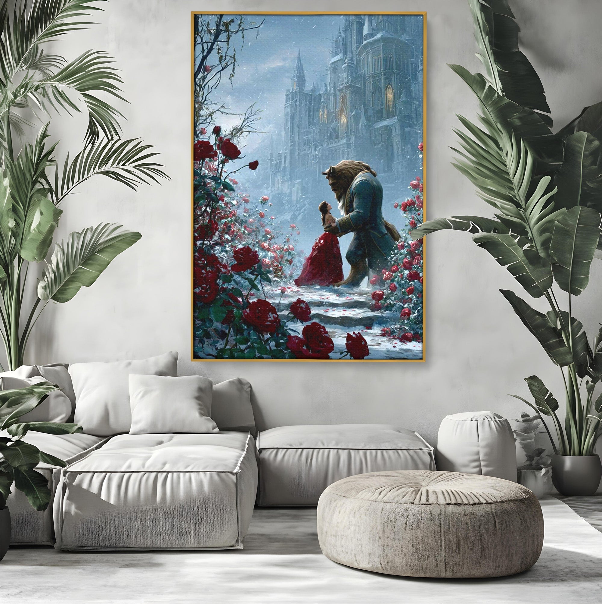 Tablou Canvas Premium LuxCanva® PI1359, Frumoasa Si Bestia, Basme, Iubire, Castel, Dans, Trandafiri, Belle, Culori Vibrante, Living, Dormitor, Camera Copii