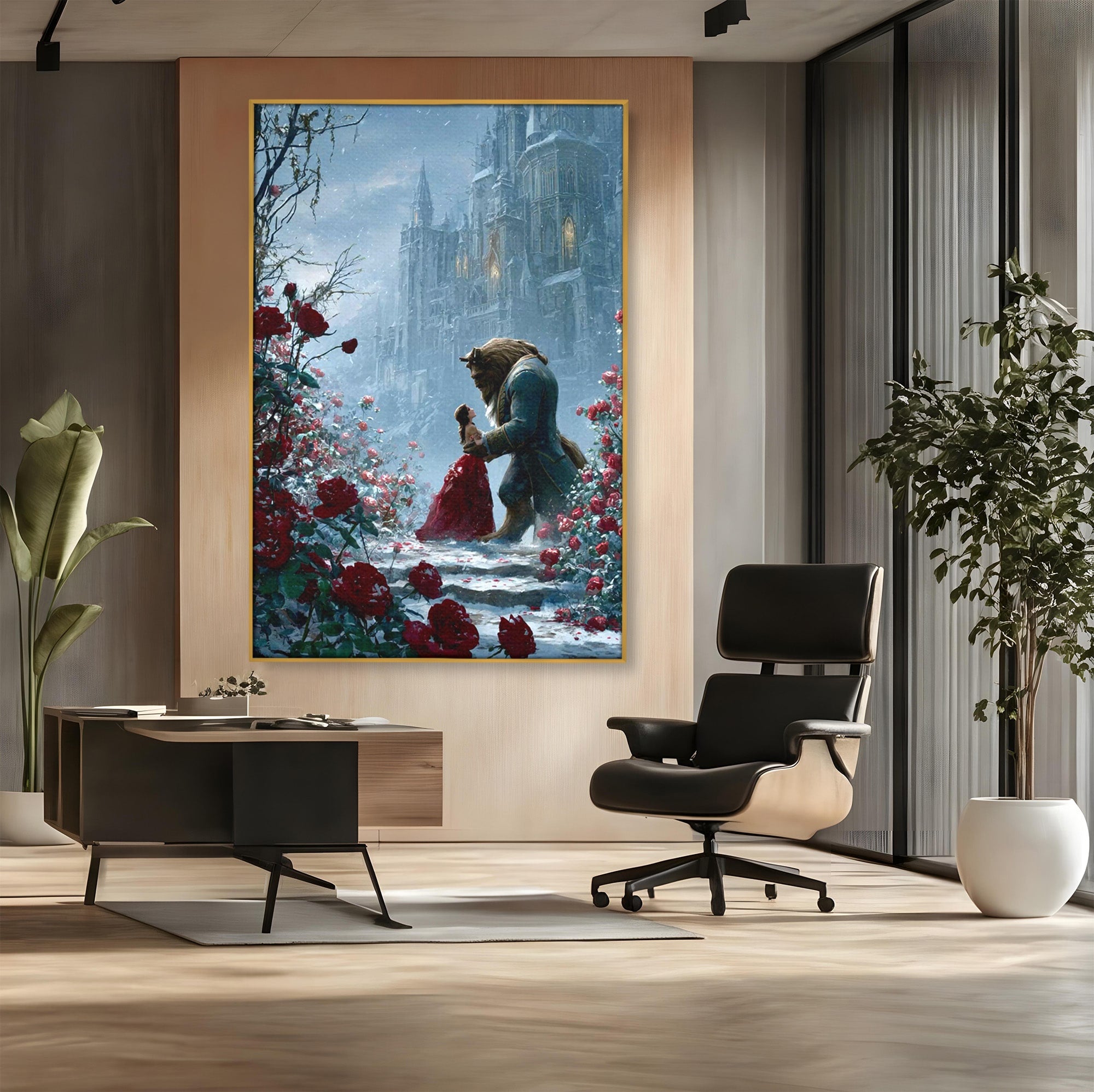 Tablou Canvas Premium LuxCanva® PI1359, Frumoasa Si Bestia, Basme, Iubire, Castel, Dans, Trandafiri, Belle, Culori Vibrante, Living, Dormitor, Camera Copii
