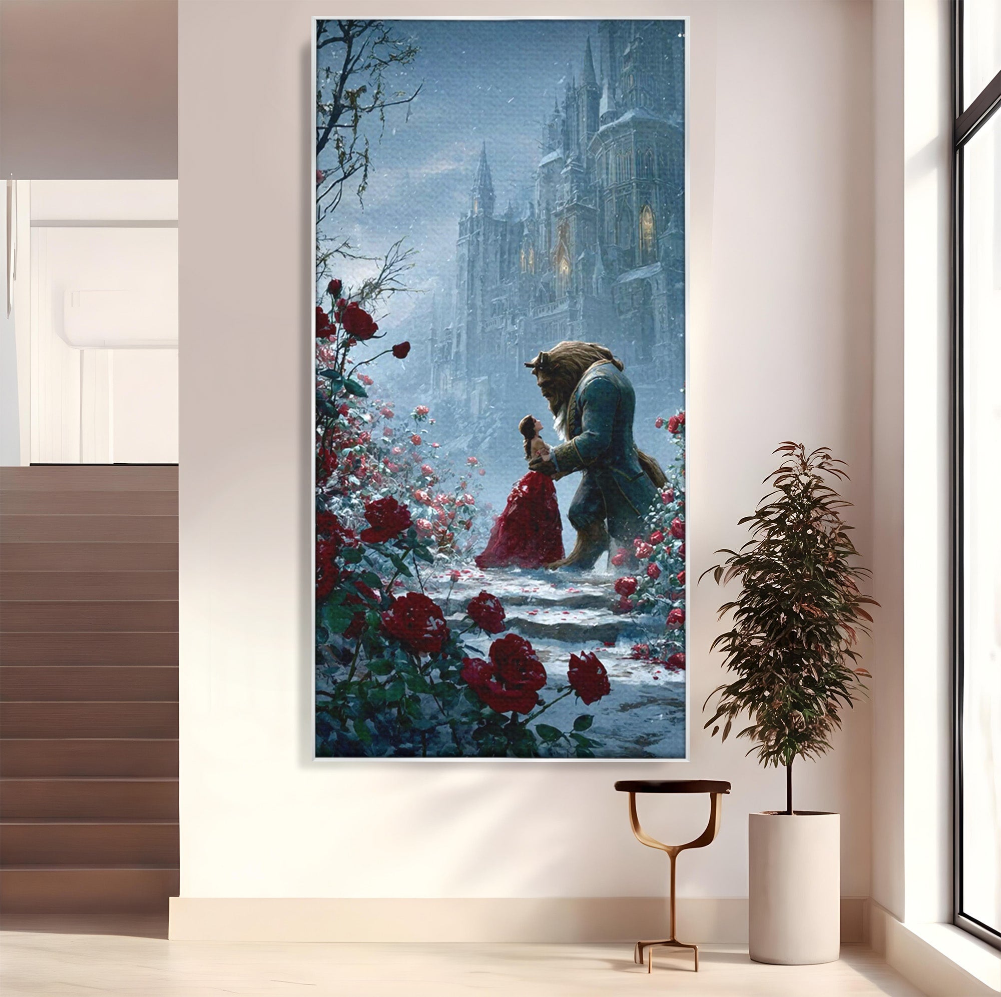 Tablou Canvas Premium LuxCanva® PI1359, Frumoasa Si Bestia, Basme, Iubire, Castel, Dans, Trandafiri, Belle, Culori Vibrante, Living, Dormitor, Camera Copii