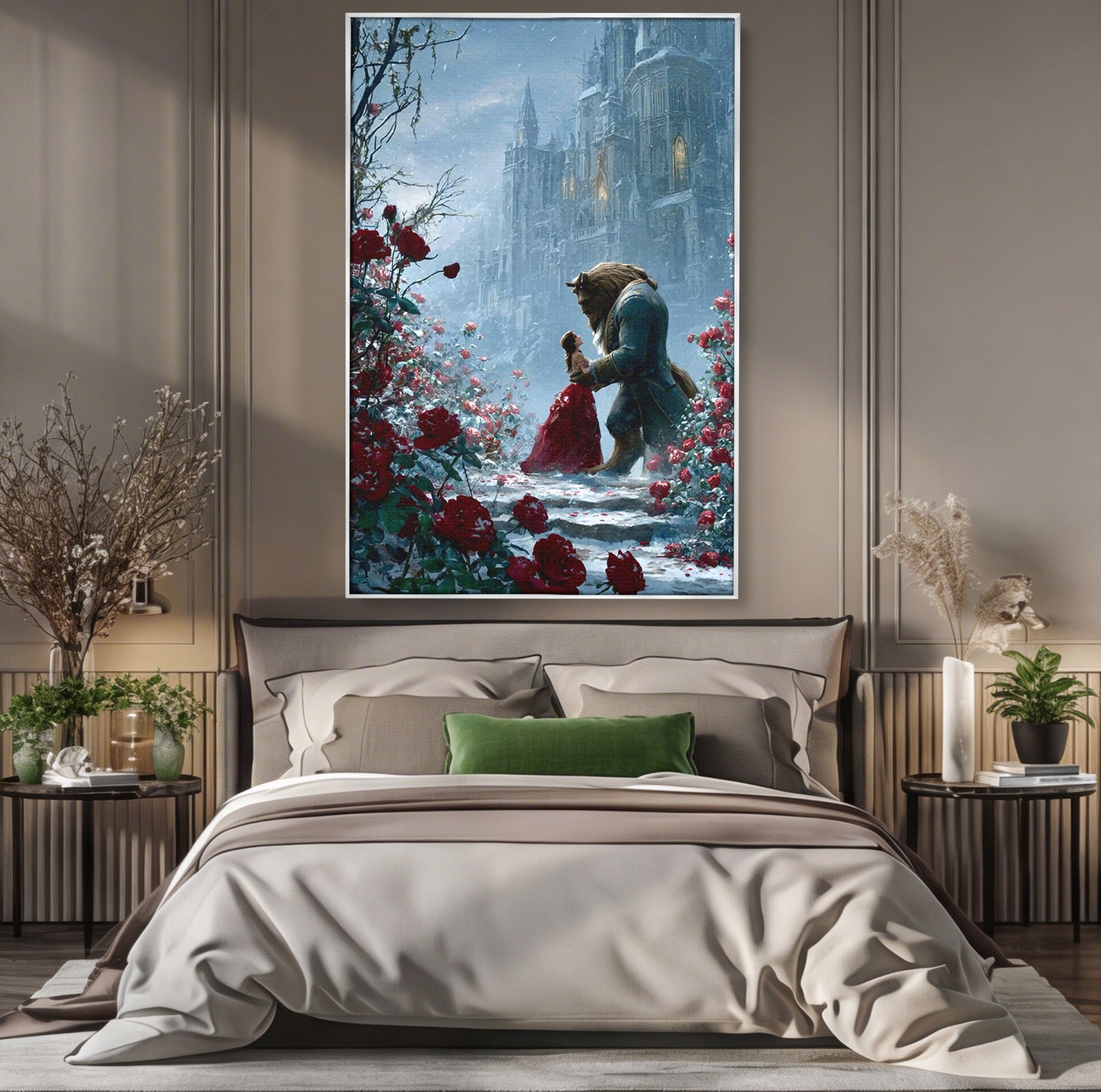 Tablou Canvas Premium LuxCanva® PI1359, Frumoasa Si Bestia, Basme, Iubire, Castel, Dans, Trandafiri, Belle, Culori Vibrante, Living, Dormitor, Camera Copii