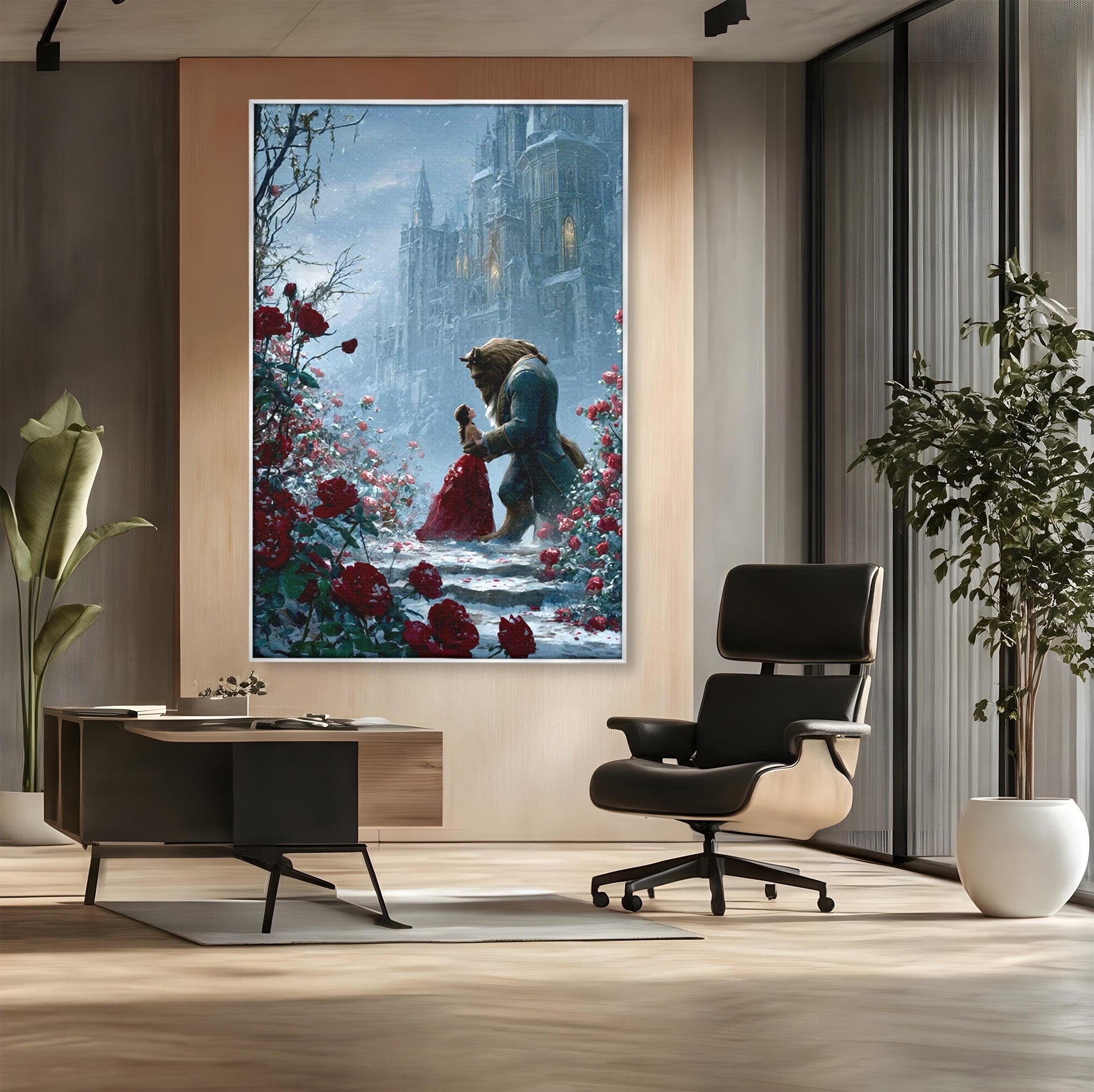 Tablou Canvas Premium LuxCanva® PI1359, Frumoasa Si Bestia, Basme, Iubire, Castel, Dans, Trandafiri, Belle, Culori Vibrante, Living, Dormitor, Camera Copii