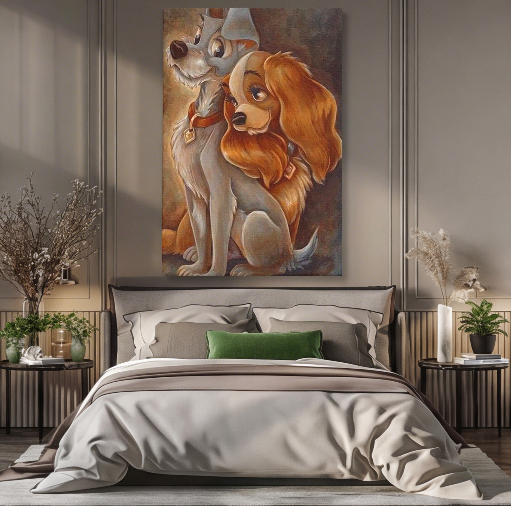 Tablou Canvas Premium LuxCanva® PI1360, Doamna si Vagabondul, Caini, Animatie, Disney, Iubire, Culori Vibrante, Living, Dormitor, Camera Copii