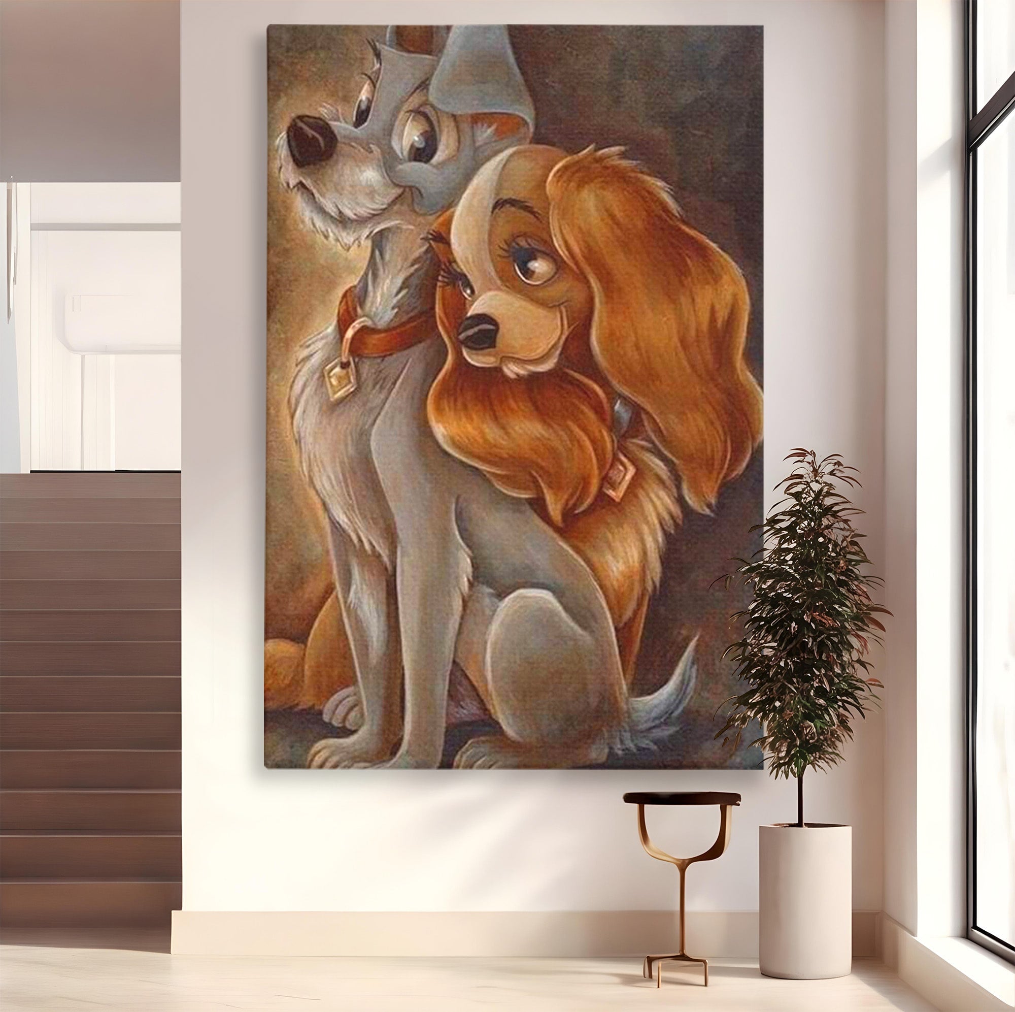 Tablou Canvas Premium LuxCanva® PI1360, Doamna si Vagabondul, Caini, Animatie, Disney, Iubire, Culori Vibrante, Living, Dormitor, Camera Copii