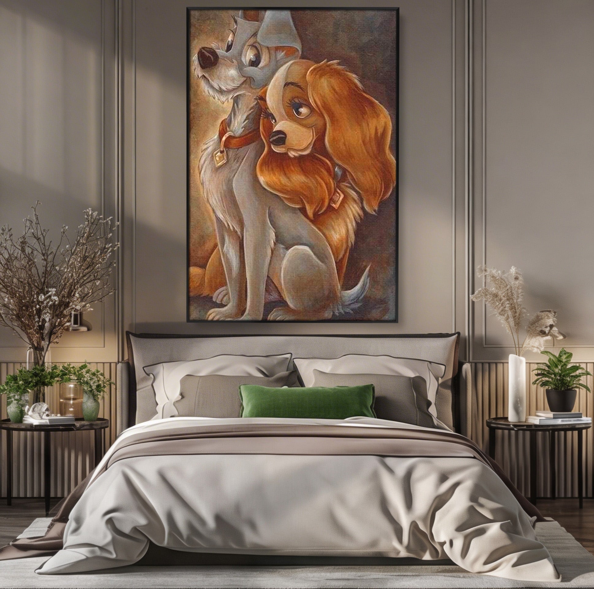 Tablou Canvas Premium LuxCanva® PI1360, Doamna si Vagabondul, Caini, Animatie, Disney, Iubire, Culori Vibrante, Living, Dormitor, Camera Copii