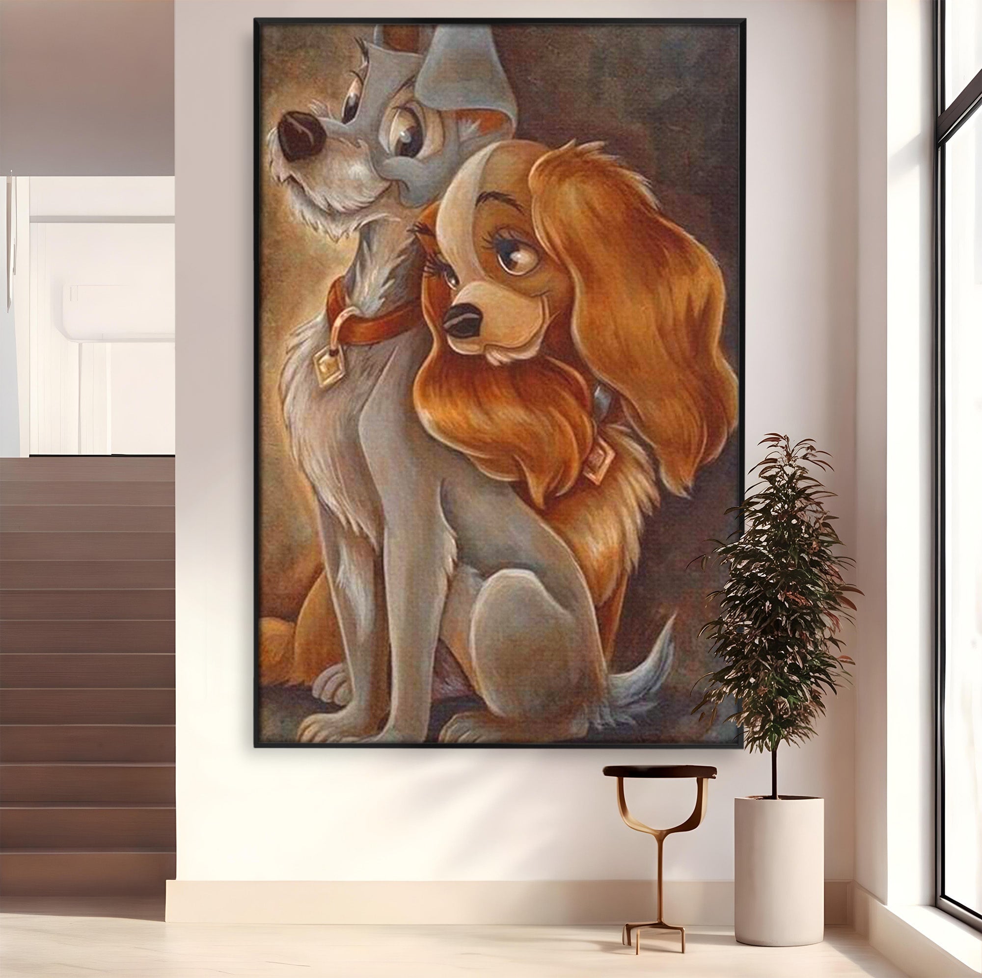 Tablou Canvas Premium LuxCanva® PI1360, Doamna si Vagabondul, Caini, Animatie, Disney, Iubire, Culori Vibrante, Living, Dormitor, Camera Copii