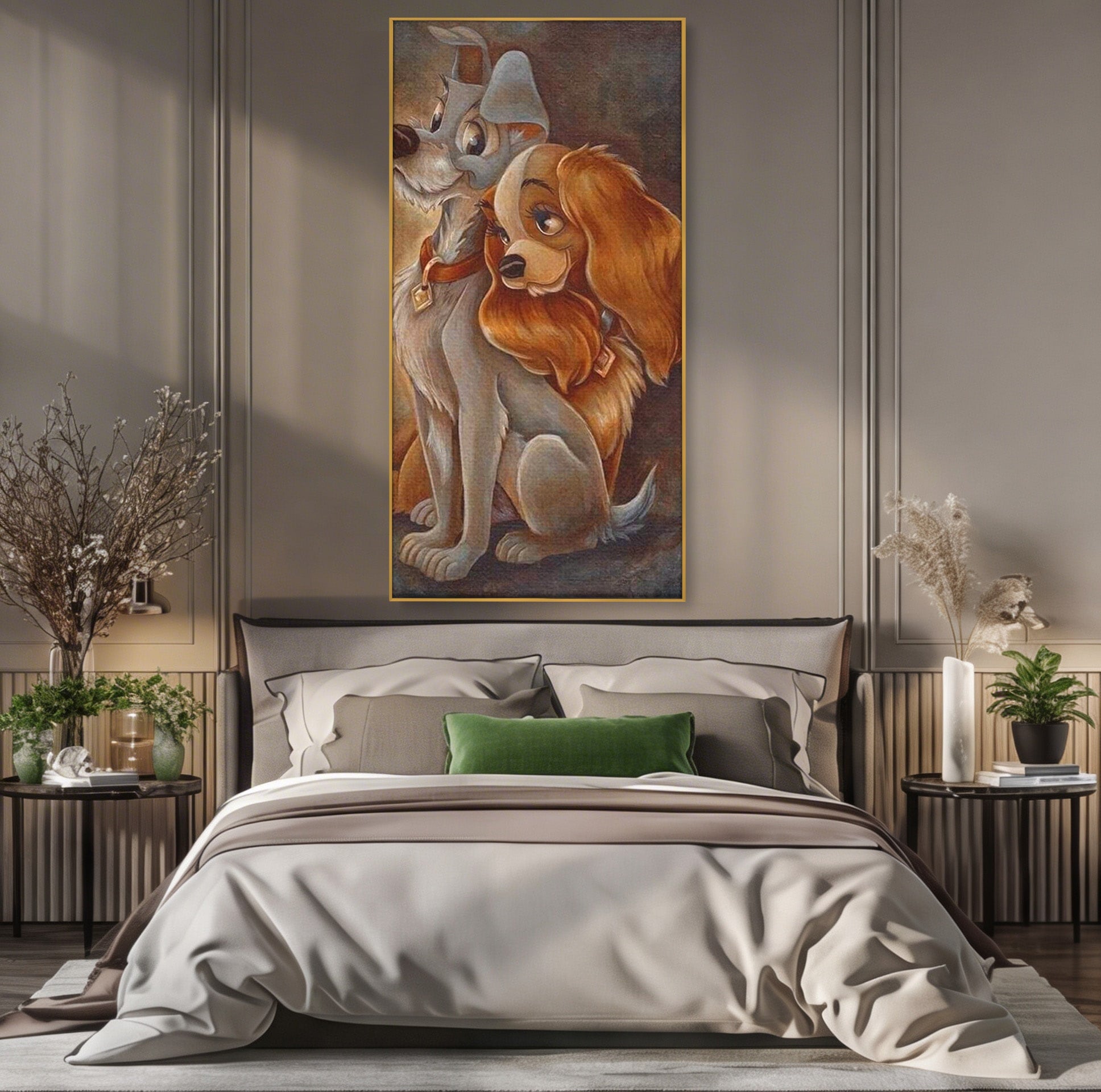 Tablou Canvas Premium LuxCanva® PI1360, Doamna si Vagabondul, Caini, Animatie, Disney, Iubire, Culori Vibrante, Living, Dormitor, Camera Copii