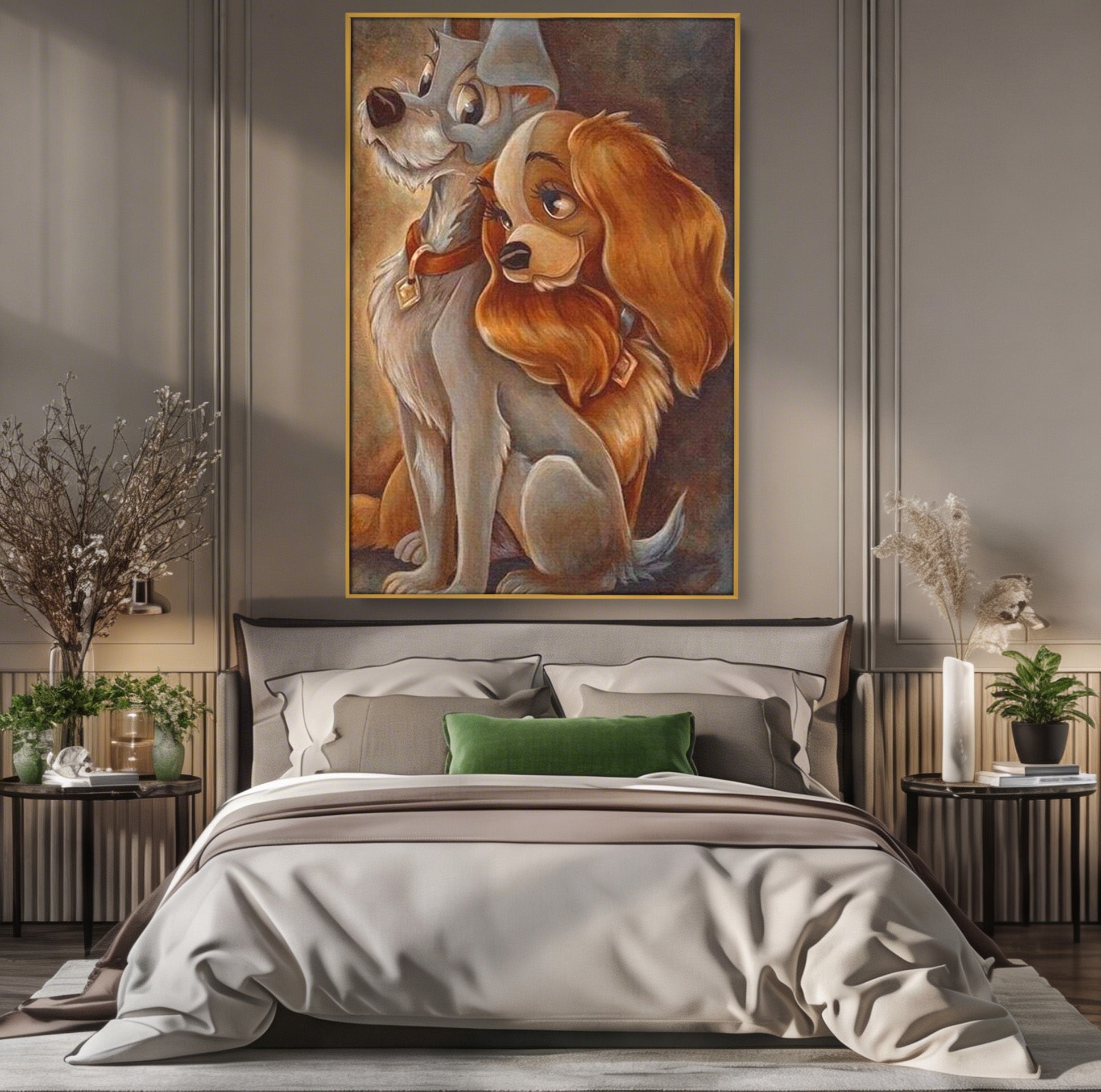 Tablou Canvas Premium LuxCanva® PI1360, Doamna si Vagabondul, Caini, Animatie, Disney, Iubire, Culori Vibrante, Living, Dormitor, Camera Copii