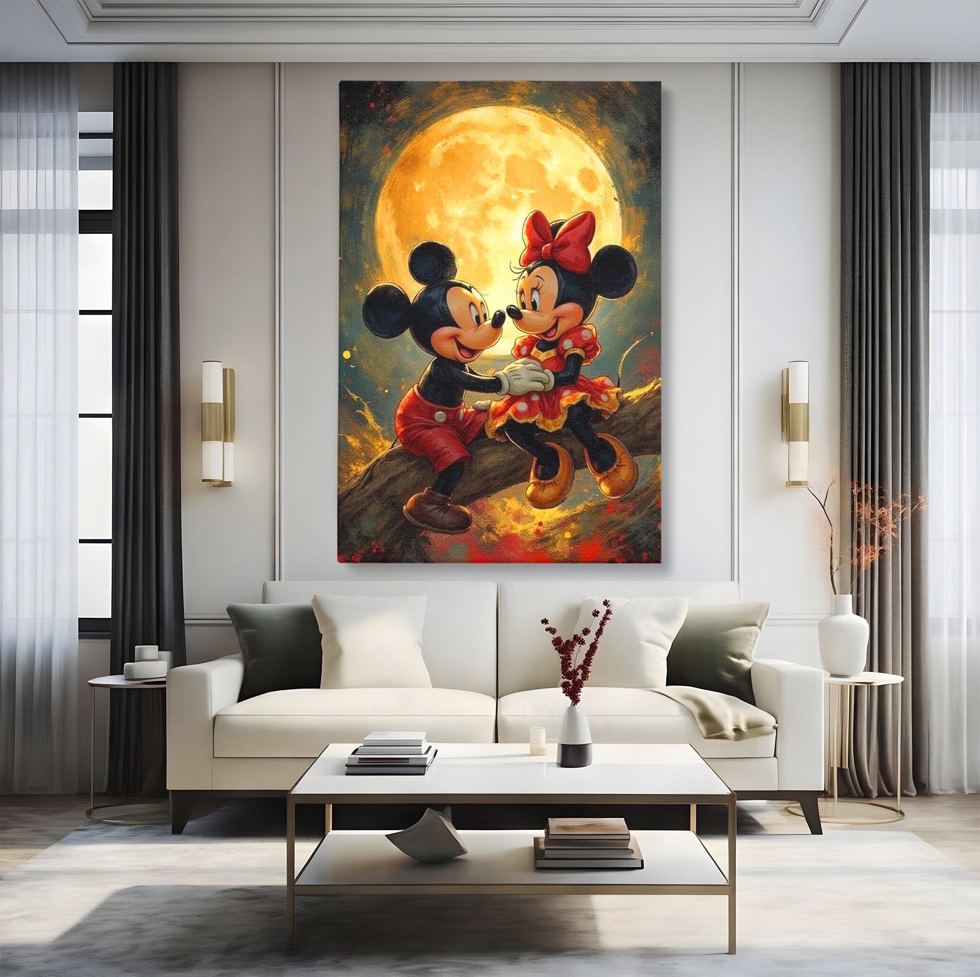 Tablou Canvas Premium LuxCanva® PI1361, Iubire Sub Clar De Luna, Mickey, Iubire, Minnie, Disney, Fantezie, Culori Vibrante, Living, Dormitor, Camera Copii