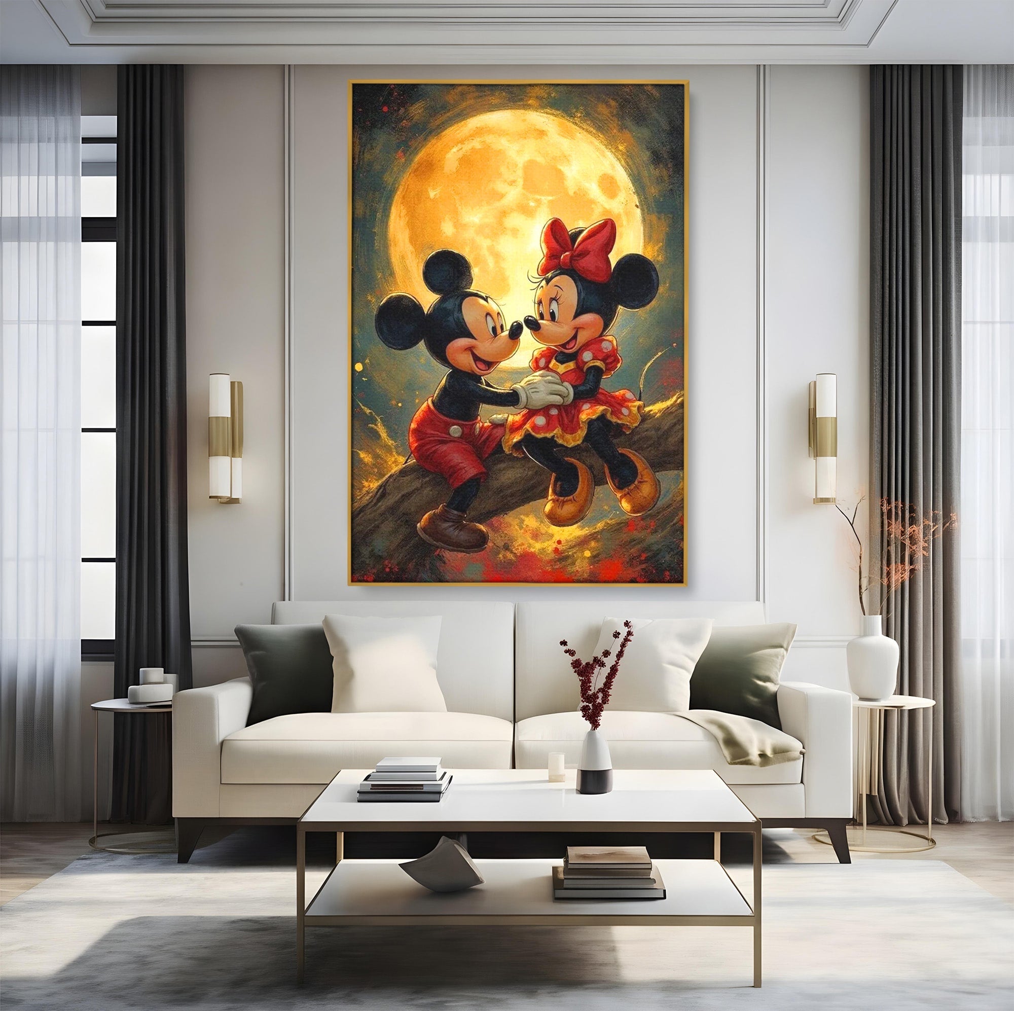 Tablou Canvas Premium LuxCanva® PI1361, Iubire Sub Clar De Luna, Mickey, Iubire, Minnie, Disney, Fantezie, Culori Vibrante, Living, Dormitor, Camera Copii