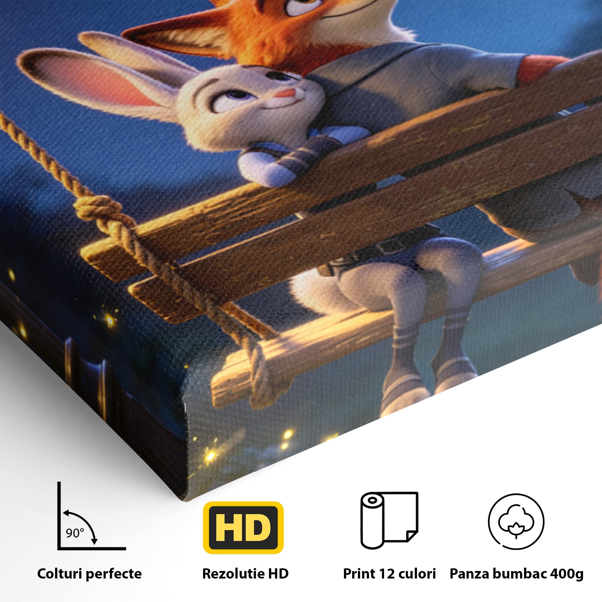 Tablou Canvas Premium LuxCanva® PI1363, Noapte in Zootopia, Animatie, Prietenie, Juddy, Stele, Nick, Culori Vibrante, Living, Dormitor, Camera Copii