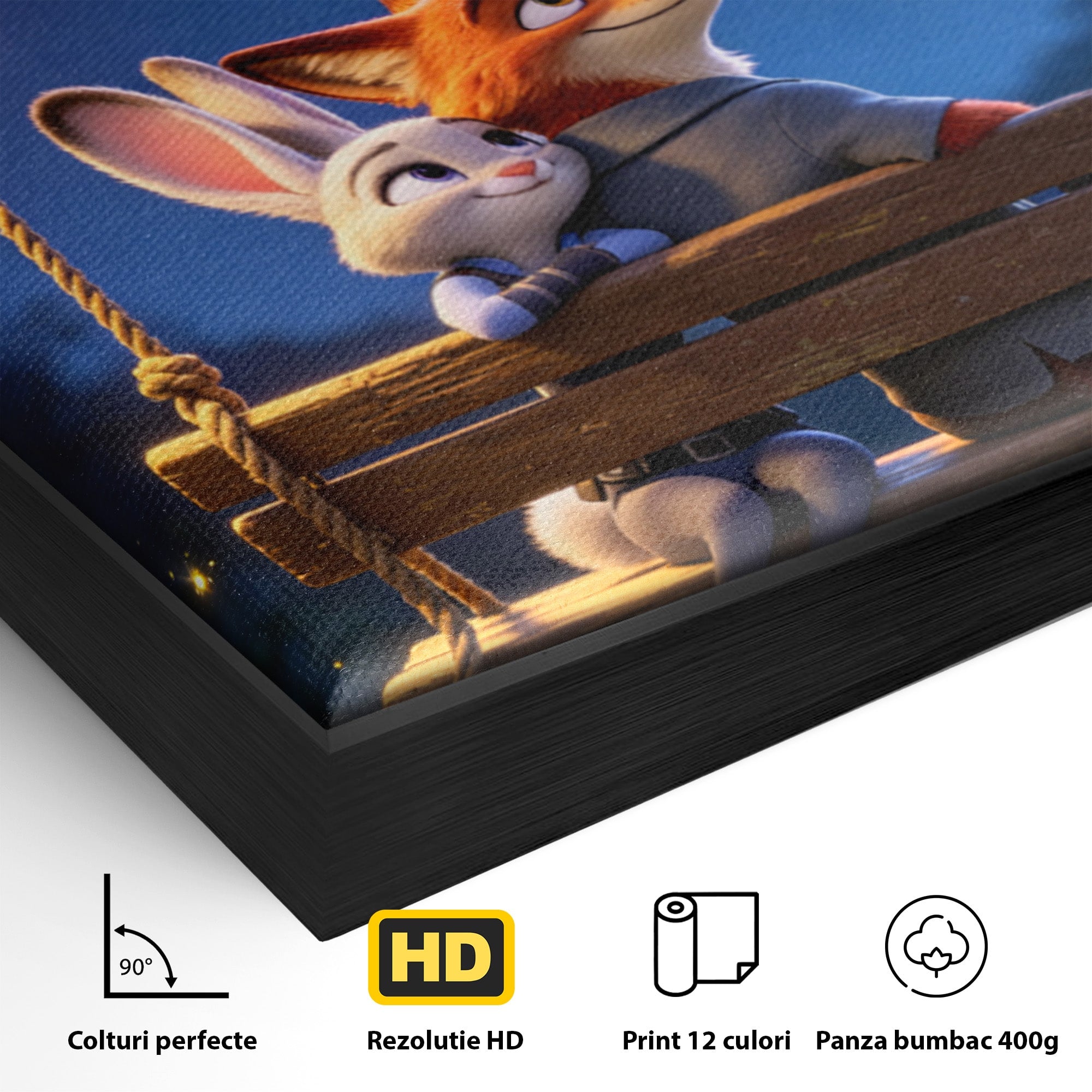 Tablou Canvas Premium LuxCanva® PI1363, Noapte in Zootopia, Animatie, Prietenie, Juddy, Stele, Nick, Culori Vibrante, Living, Dormitor, Camera Copii