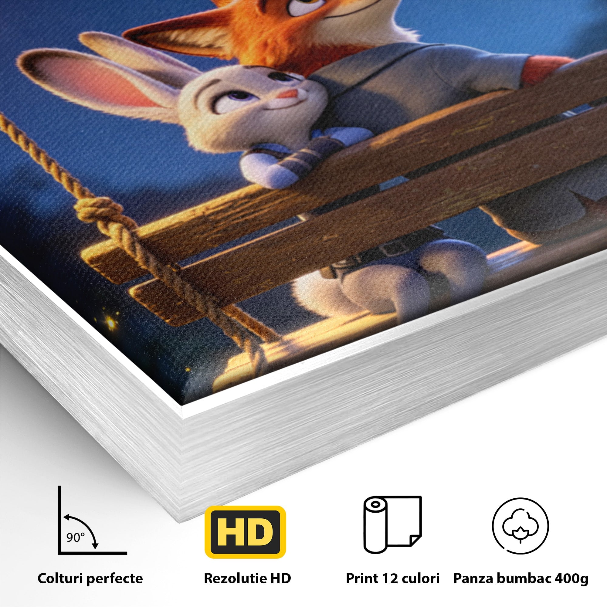 Tablou Canvas Premium LuxCanva® PI1363, Noapte in Zootopia, Animatie, Prietenie, Juddy, Stele, Nick, Culori Vibrante, Living, Dormitor, Camera Copii