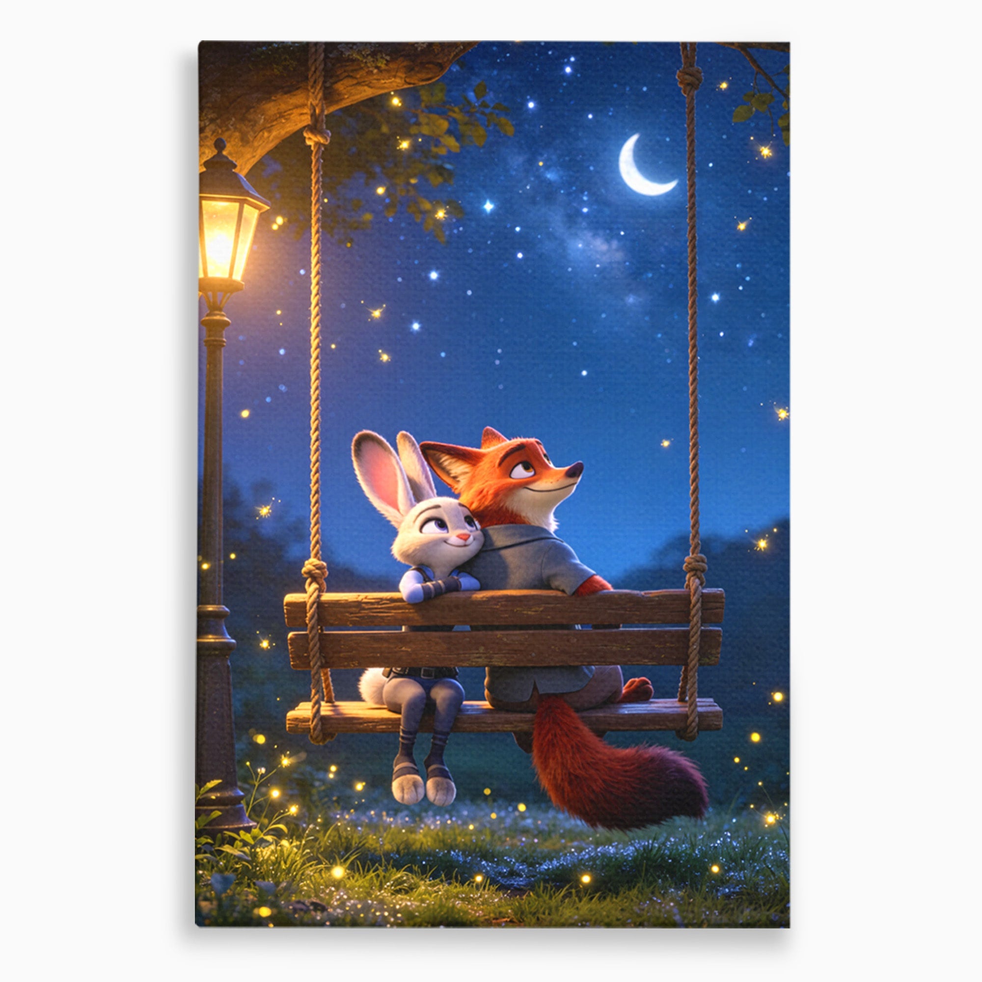 Tablou Canvas Premium LuxCanva® PI1363, Noapte in Zootopia, Animatie, Prietenie, Juddy, Stele, Nick, Culori Vibrante, Living, Dormitor, Camera Copii