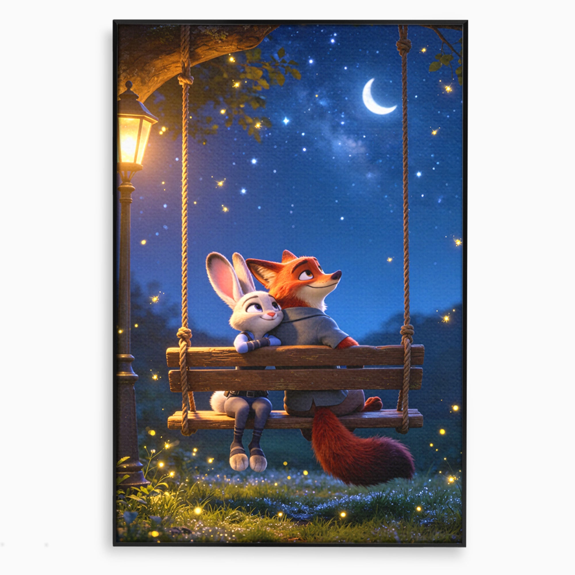 Tablou Canvas Premium LuxCanva® PI1363, Noapte in Zootopia, Animatie, Prietenie, Juddy, Stele, Nick, Culori Vibrante, Living, Dormitor, Camera Copii