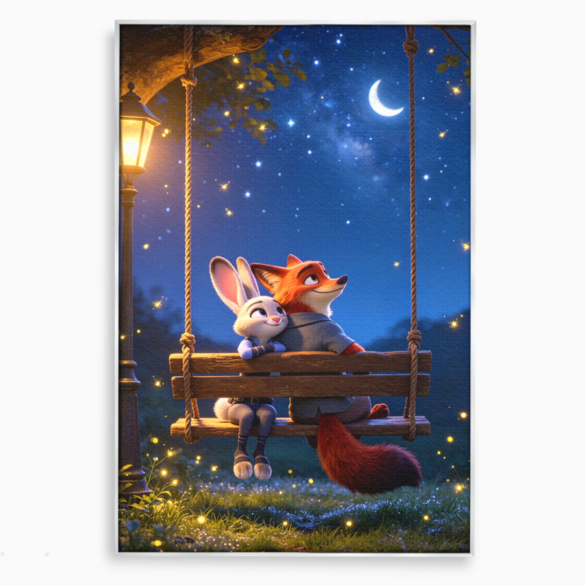 Tablou Canvas Premium LuxCanva® PI1363, Noapte in Zootopia, Animatie, Prietenie, Juddy, Stele, Nick, Culori Vibrante, Living, Dormitor, Camera Copii